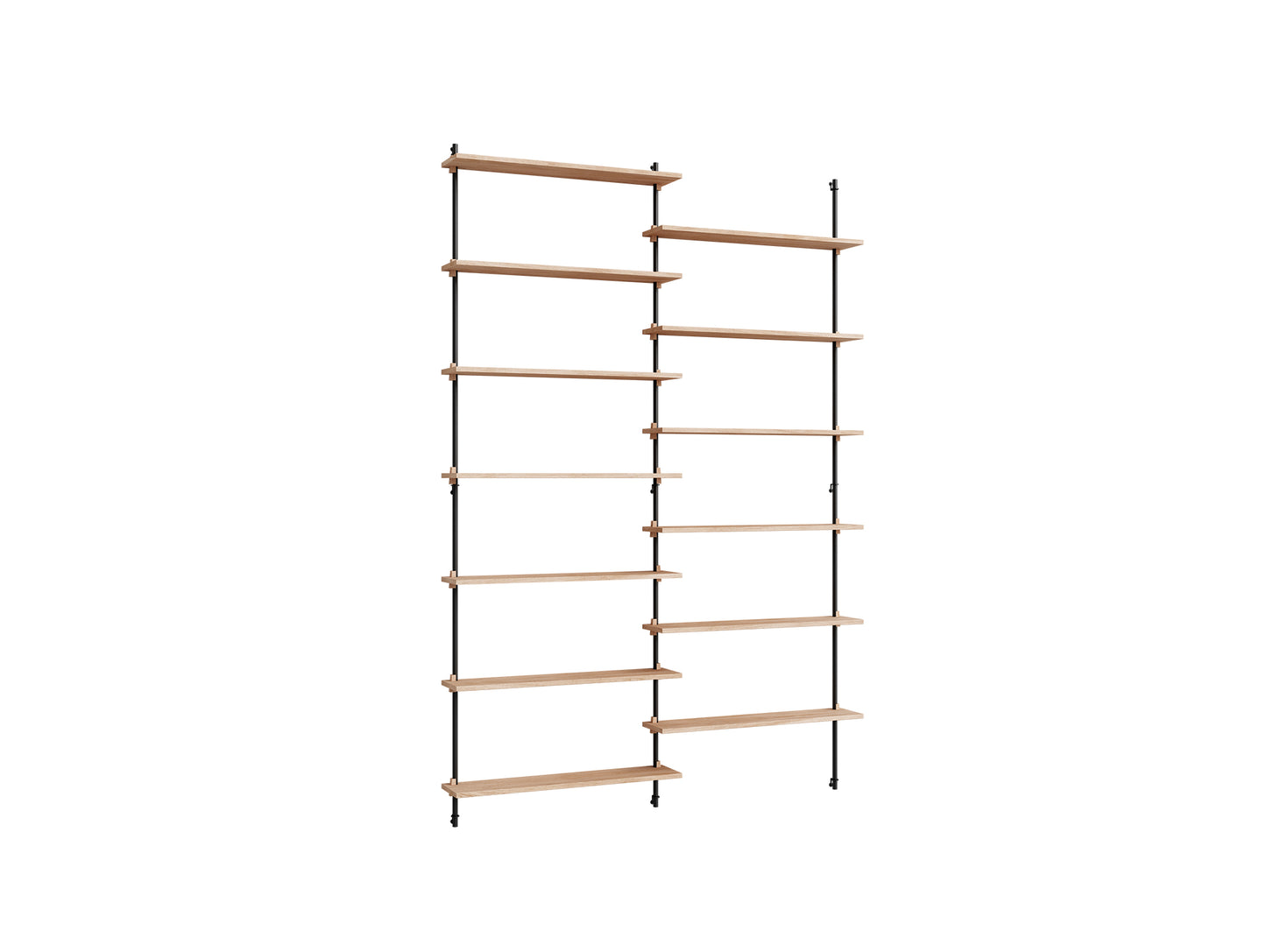 Wall Shelving System Sets (230 cm) by Moebe - WS.230.2 / Black Uprights / Oiled Oak