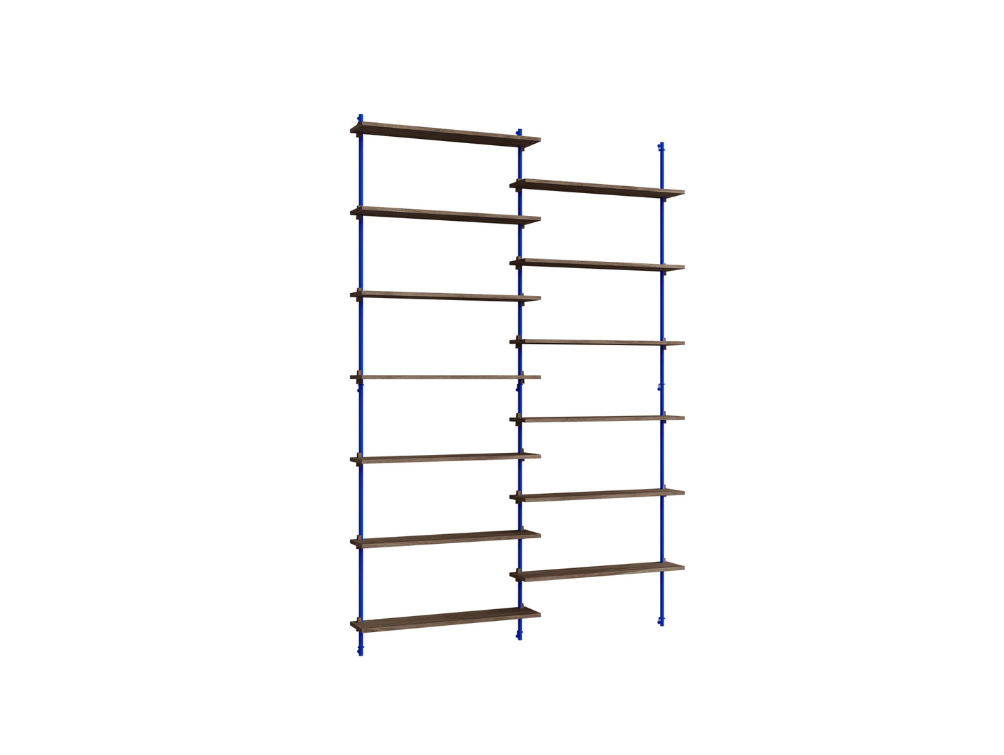 Wall Shelving System Sets (230 cm) by Moebe - WS.230.2 / Deep Blue Uprights / Smoked Oak