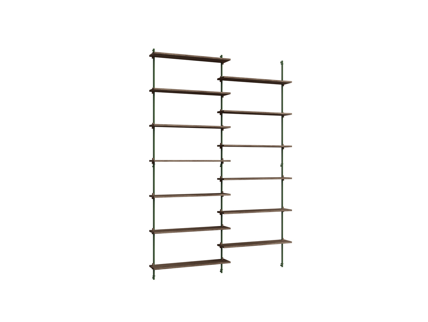 Wall Shelving System Sets (230 cm) by Moebe - WS.230.2 / Pine Green Uprights / Smoked Oak