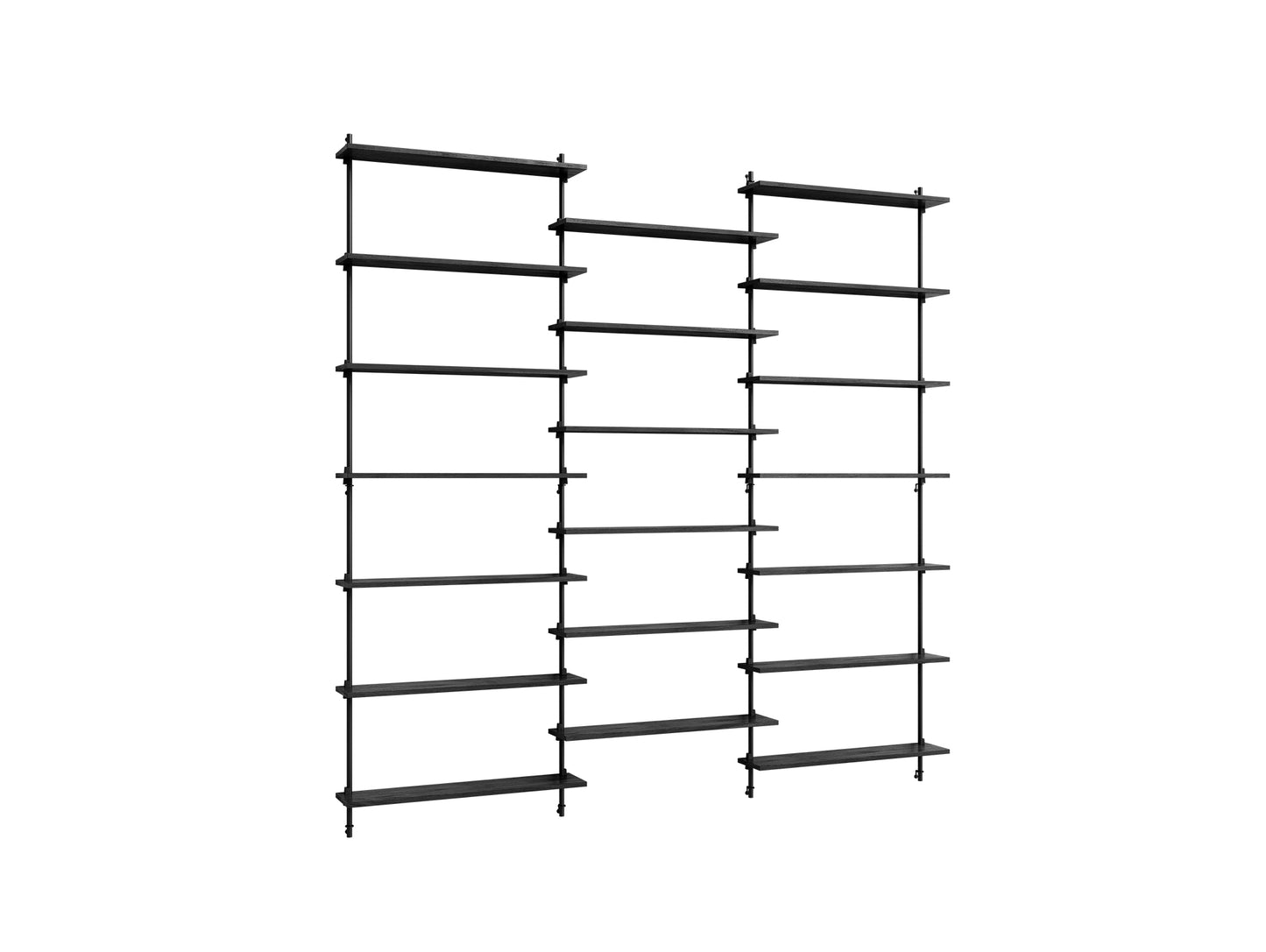 Wall Shelving System Sets (230 cm) by Moebe - WS.230.3 / Black Uprights / Black Painted Oak