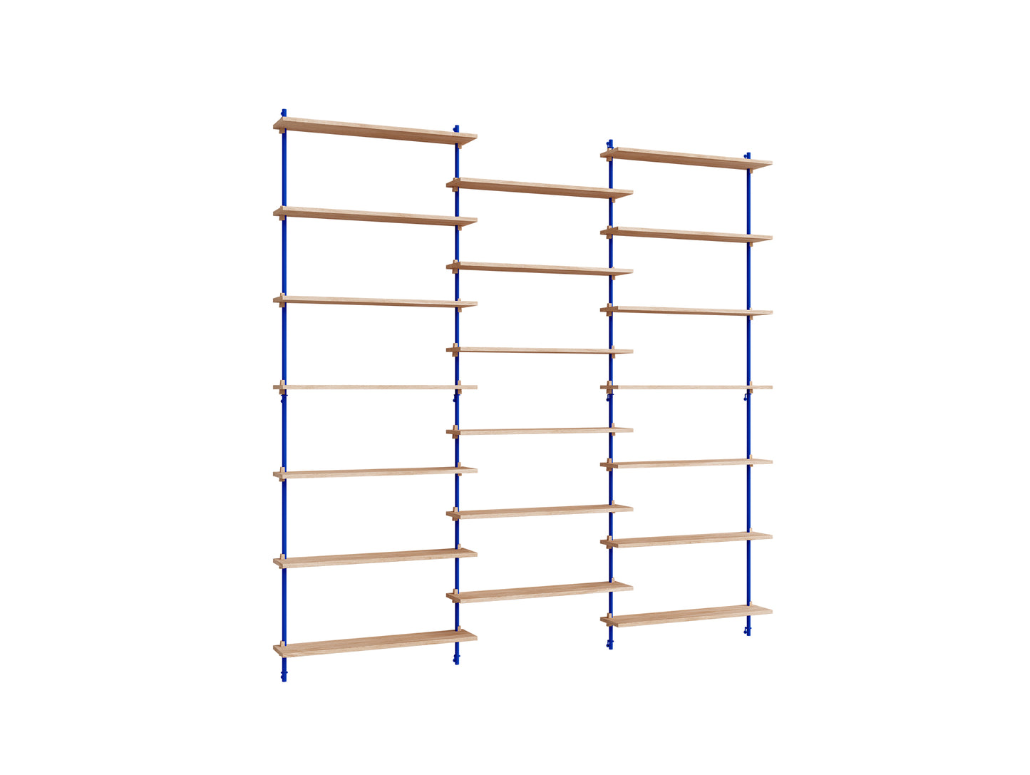 Wall Shelving System Sets (230 cm) by Moebe - WS.230.3 / Deep Blue Uprights / Oiled Oak