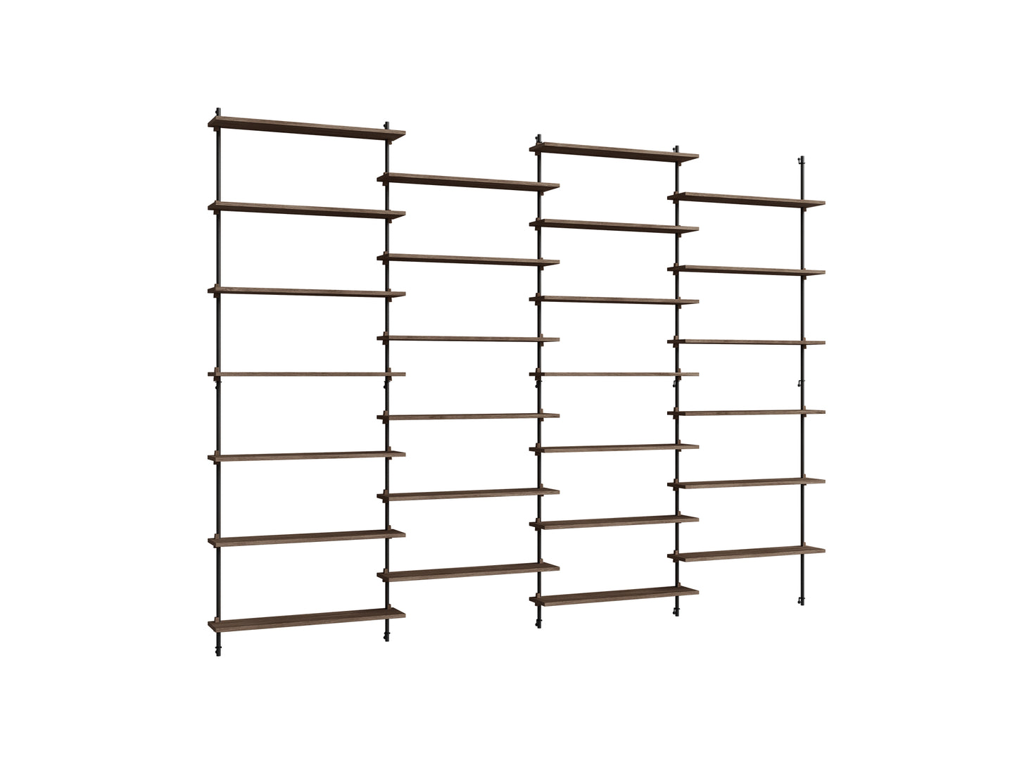 Wall Shelving System Sets (230 cm) by Moebe - WS.230.4 / Black Uprights / Smoked Oak