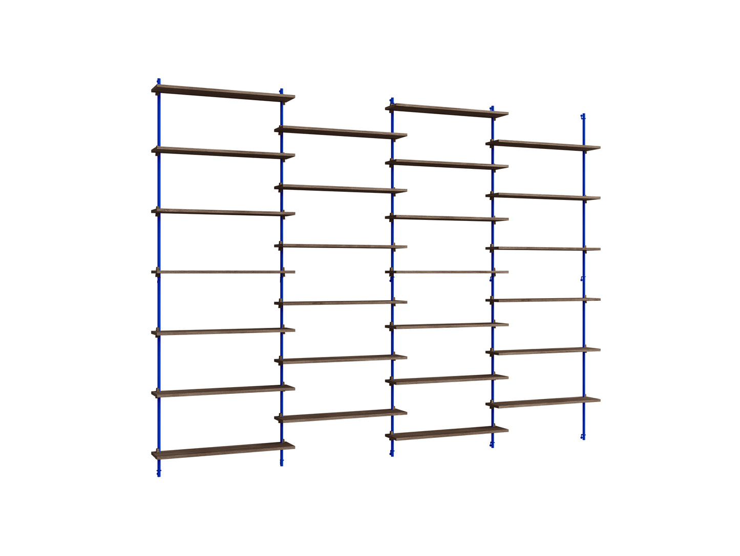 Wall Shelving System Sets (230 cm) by Moebe - WS.230.4 / Deep Blue Uprights / Smoked Oak