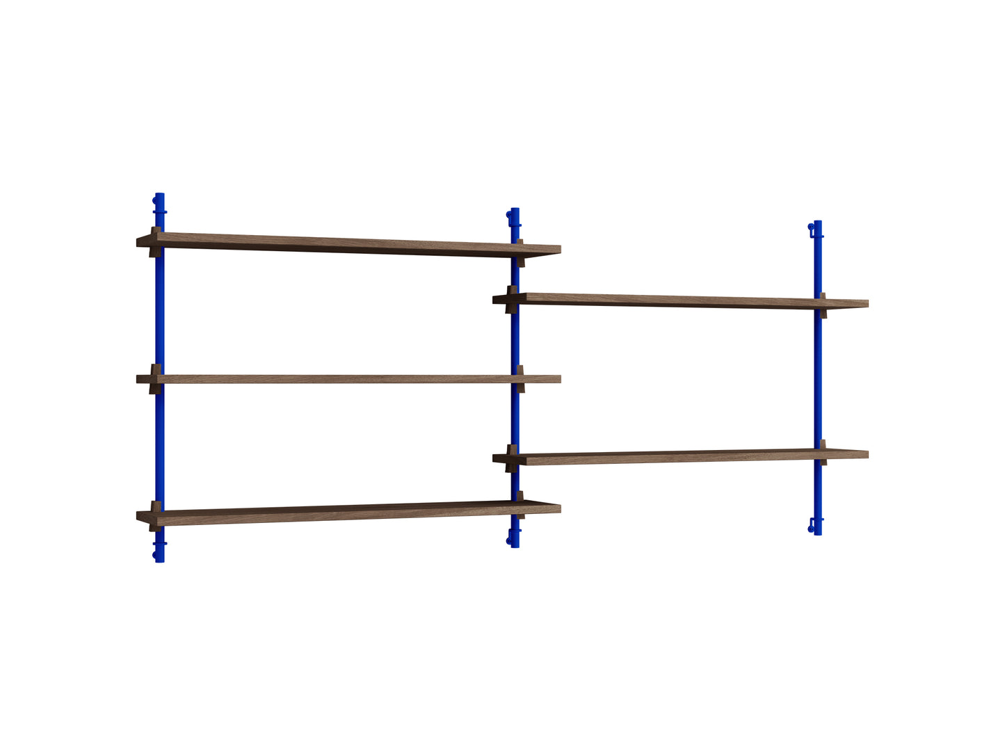 Wall Shelving System Sets 65.2 by Moebe - Deep Blue Uprights / Smoked Oak