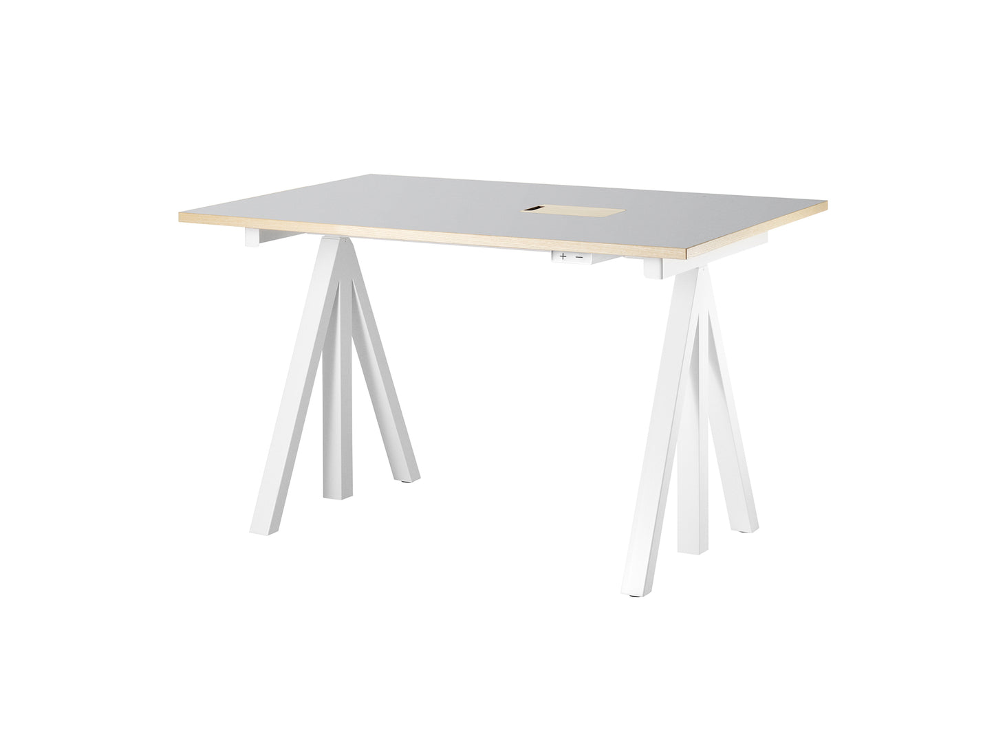 Height Adjustable Work Desk by String - 120 x 78 cm / White Steel Base / Light Grey Linoleum MDF Desktop