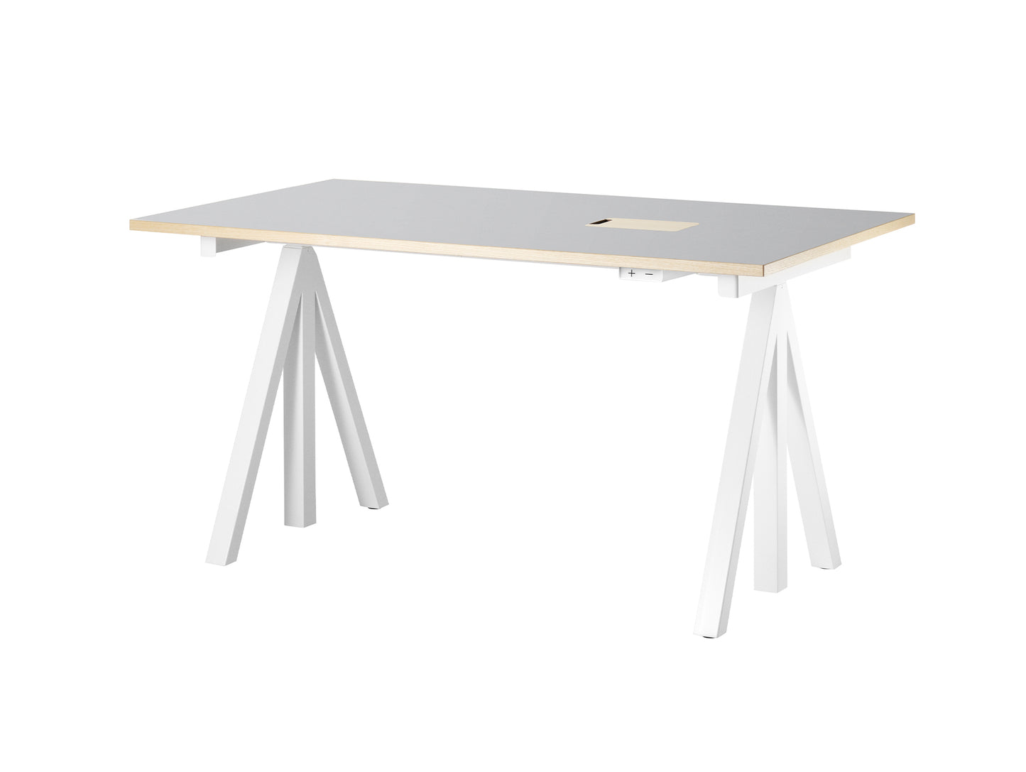 Height Adjustable Work Desk by String - 140 x 78 cm / White Steel Base / Light Grey Linoleum MDF Desktop