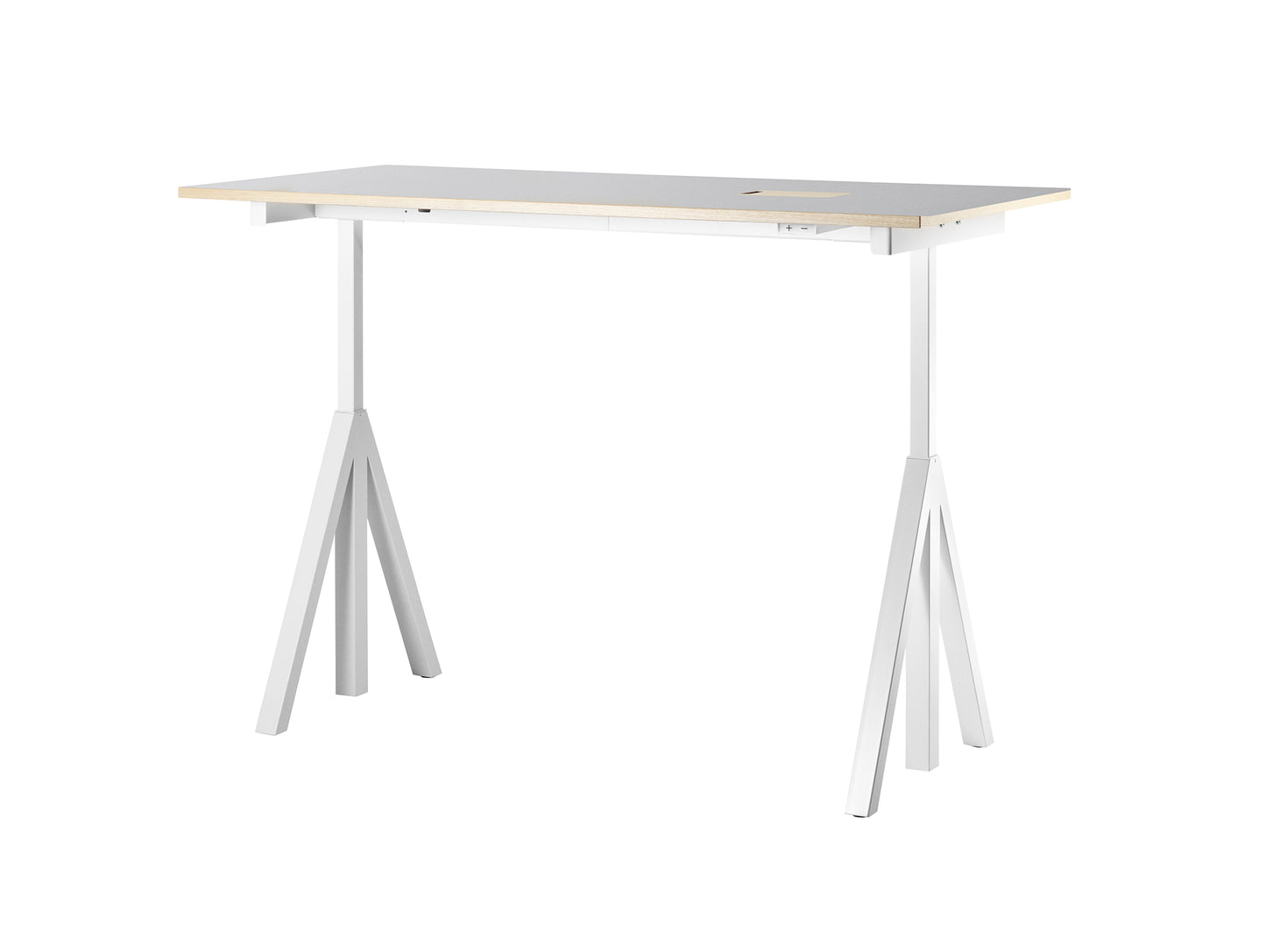 Height Adjustable Work Desk by String - 160 x 78 cm / White Steel Base / Light Grey Linoleum MDF Desktop