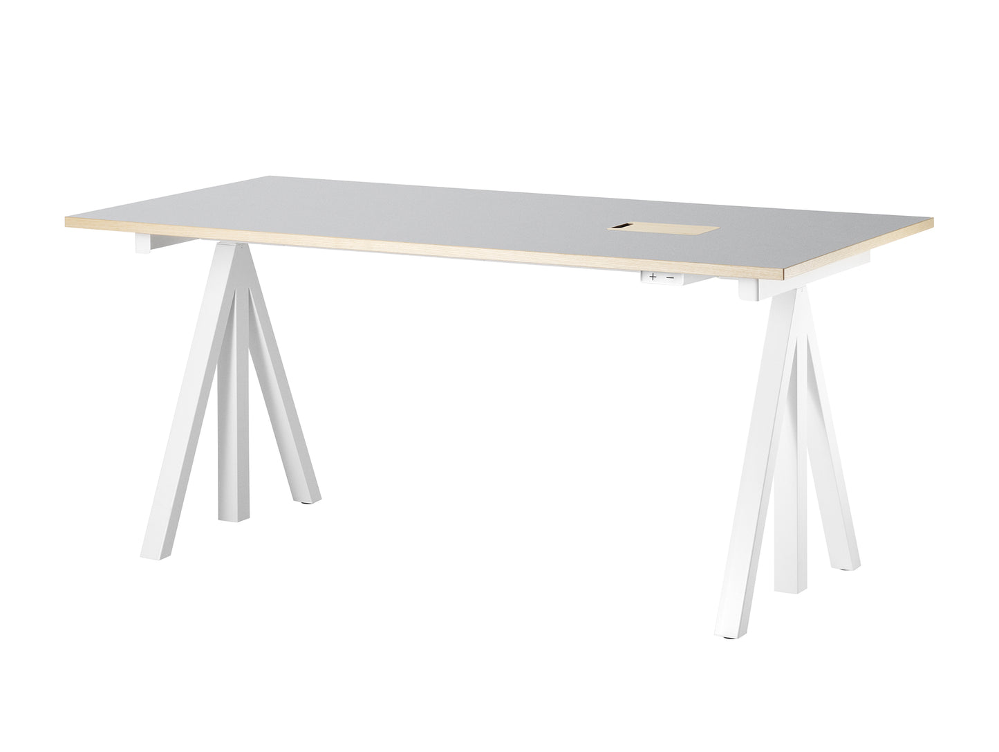 Height Adjustable Work Desk by String - 160 x 78 cm / White Steel Base / Light Grey Linoleum MDF Desktop