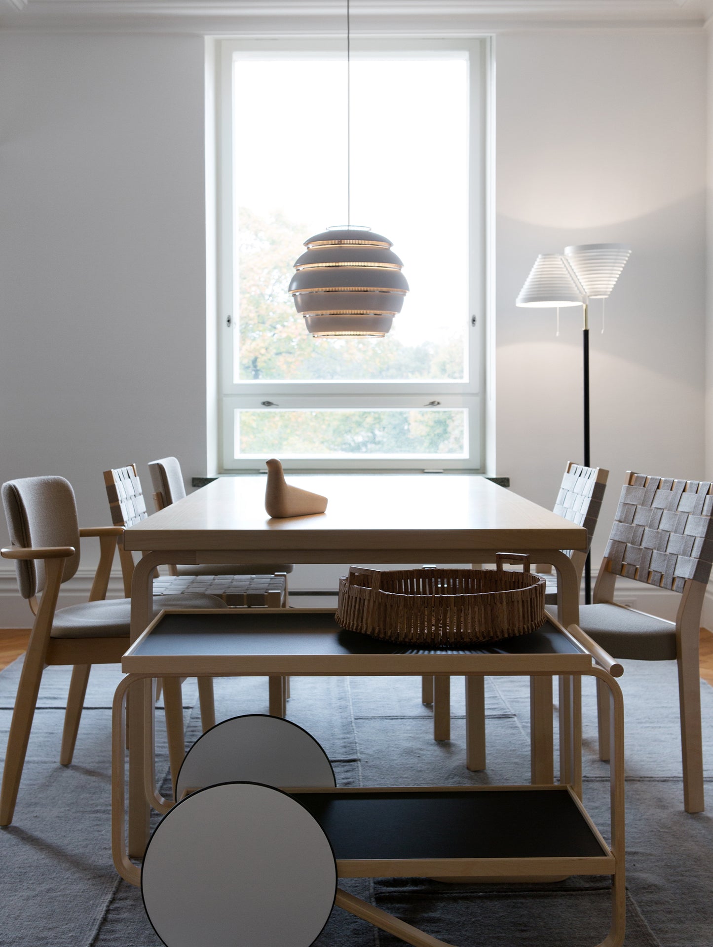 A331 Beehive Pendant Light by Artek - White Aluminium Shade with Brass Rings