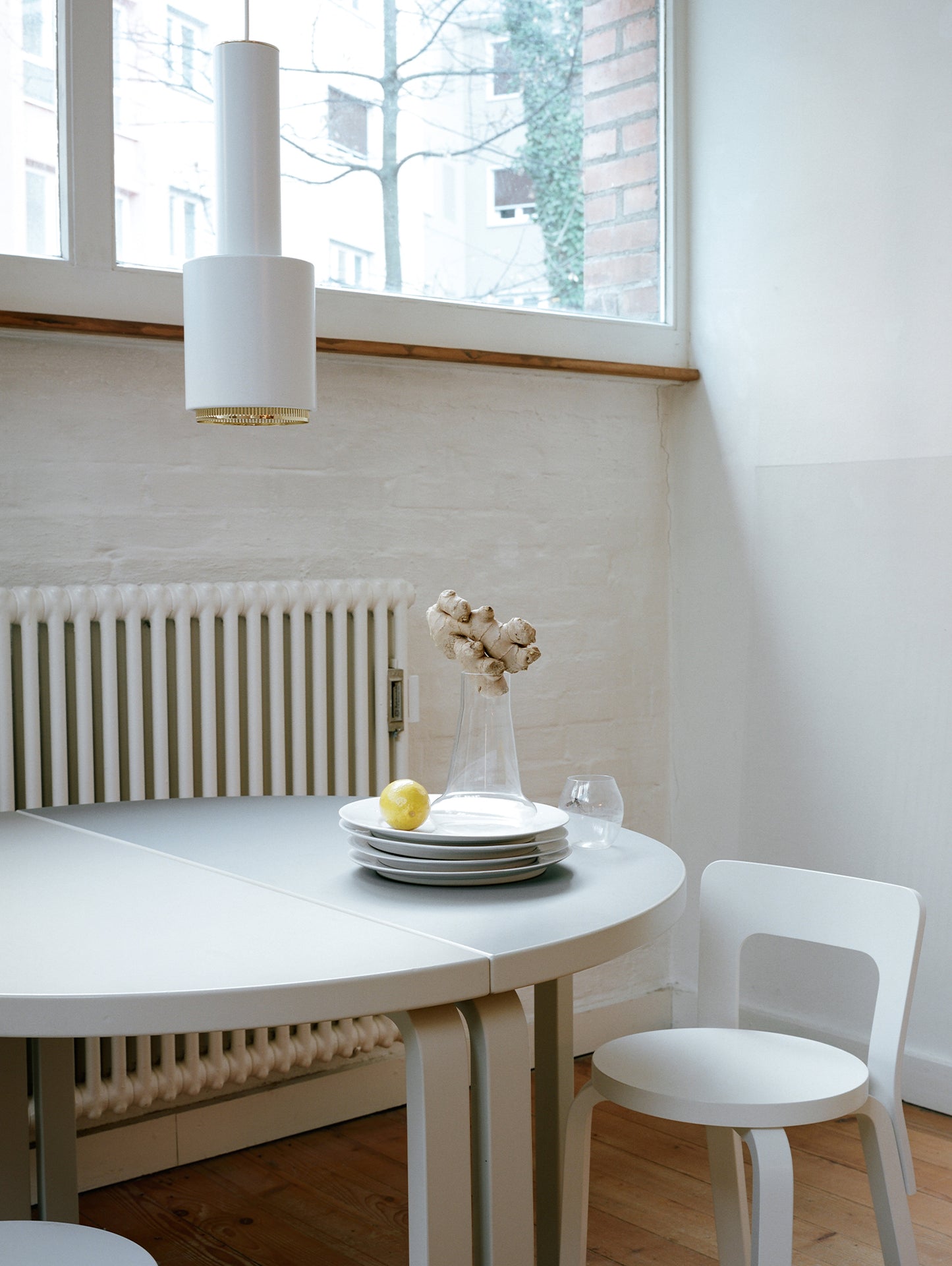 A110 Hand Grenade Pendant Light by Artek - White Powder Coated Steel Shade with Brass Plated Ring