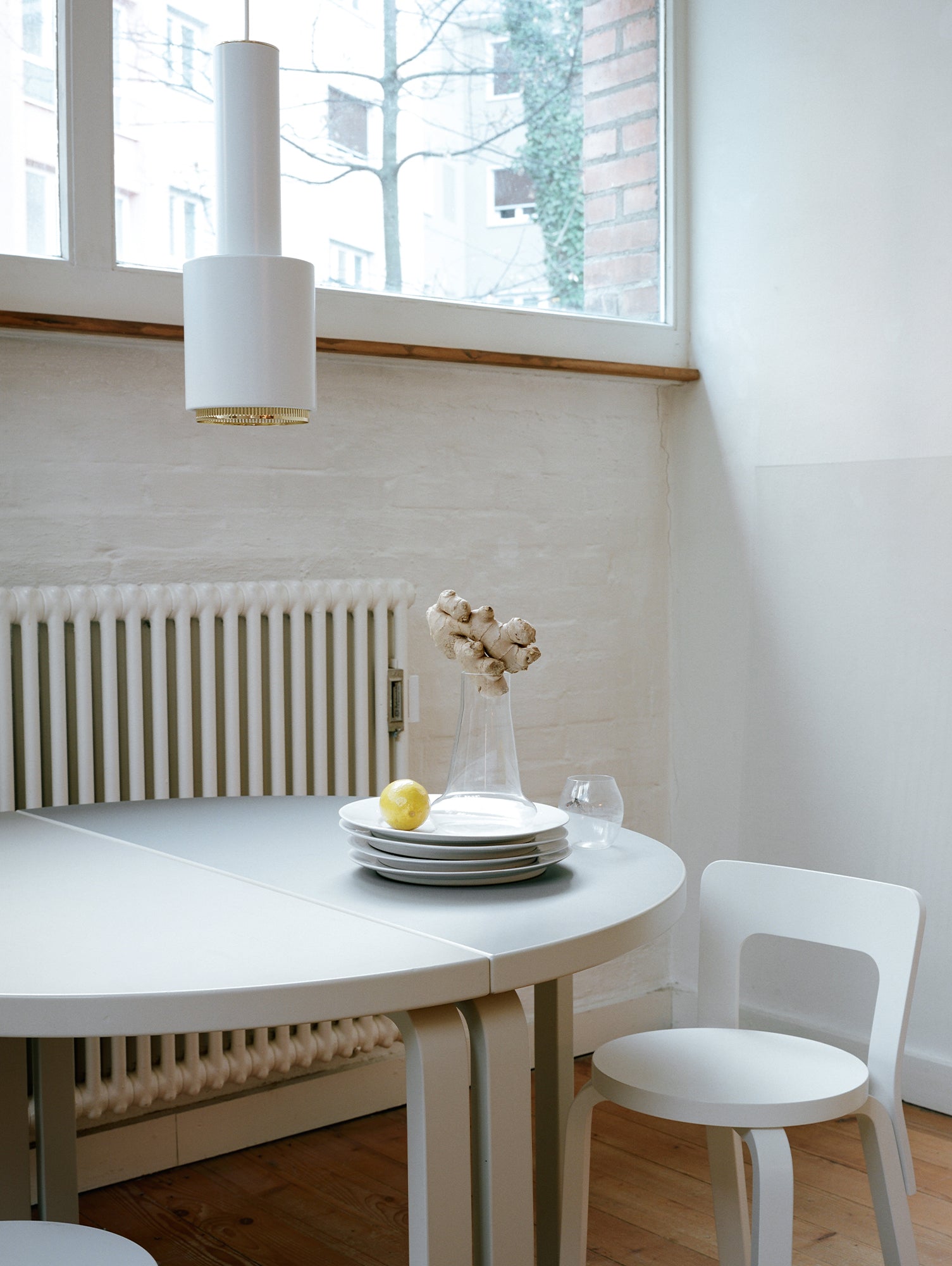 A110 Hand Grenade Pendant Light by Artek - White Powder Coated Steel Shade with Brass Plated Ring