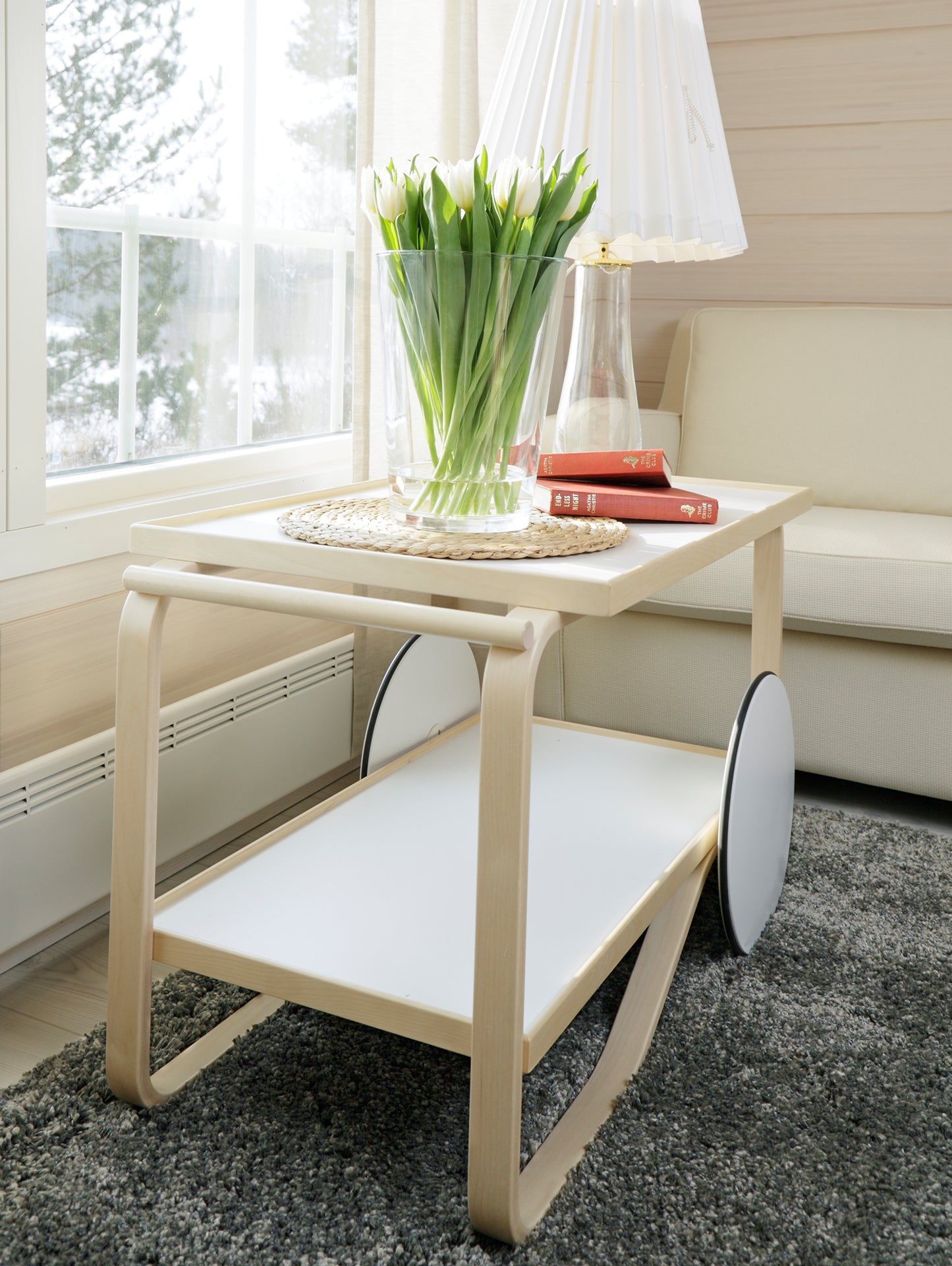 Tea Trolley 901 by Artek - Lacquered Solid Birch Lamella / White HPL Shelves