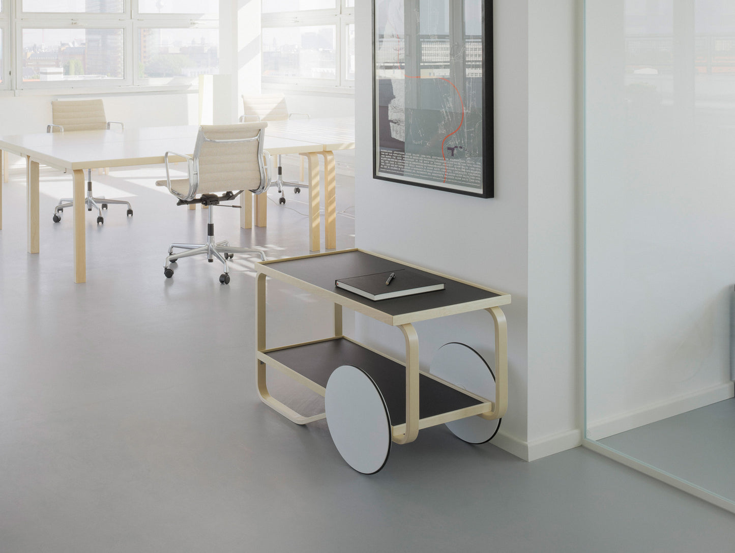 Tea Trolley 901 by Artek - Lacquered Solid Birch Lamella / Black Linoleum Shelves