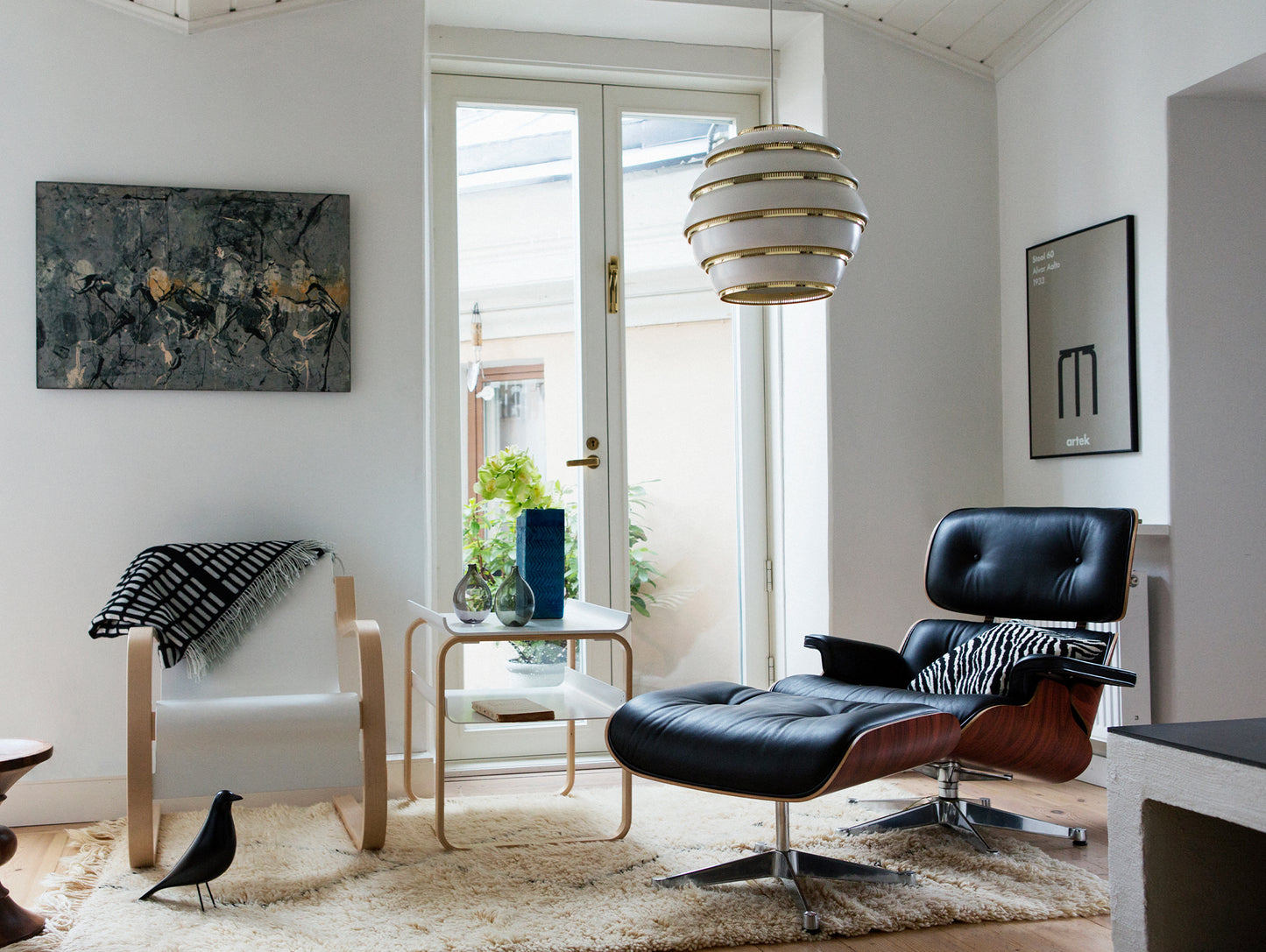 A331 Beehive Pendant Light by Artek - White Aluminium Shade with Brass Rings