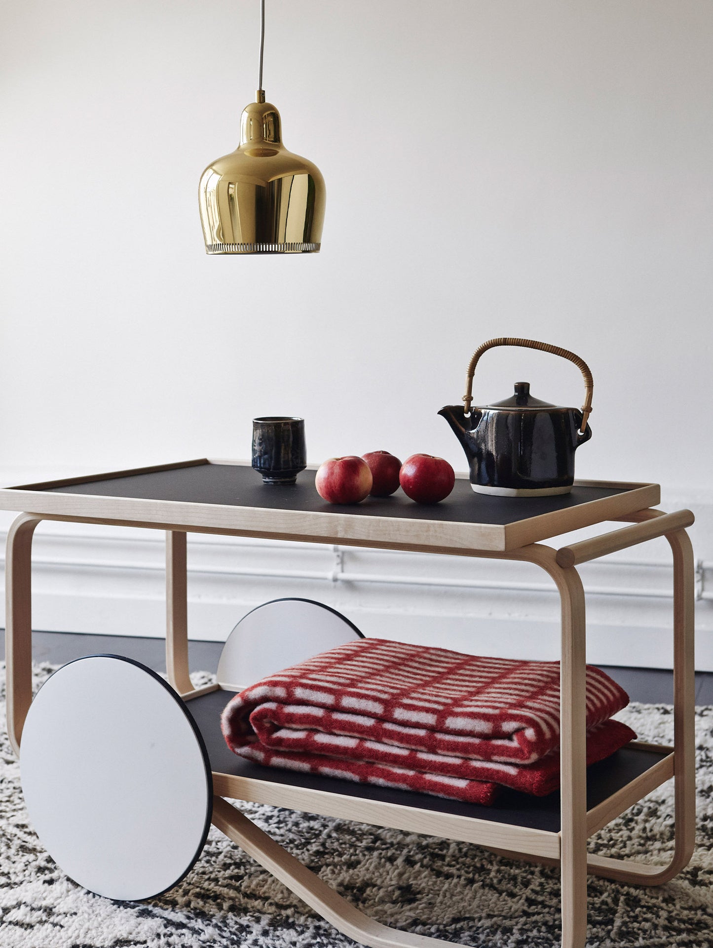 Tea Trolley 901 by Artek - Lacquered Solid Birch Lamella / Black Linoleum Shelves