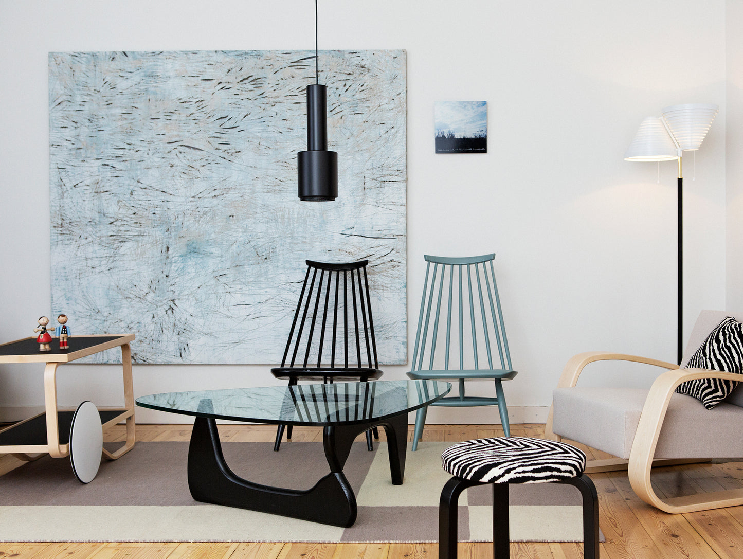 Tea Trolley 901 by Artek - Frame natural lacquered, wheels white lacquered, shelves black linoleum
