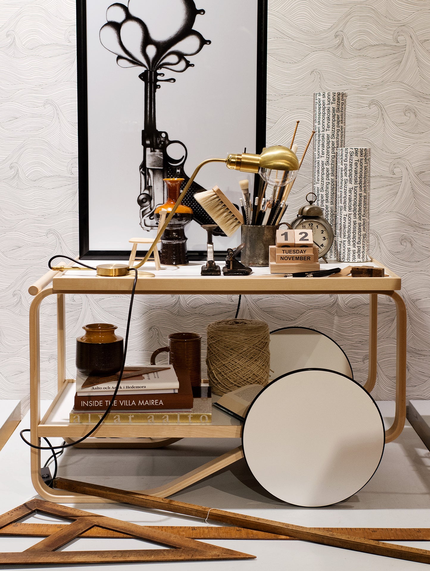 Tea Trolley 901 by Artek - Lacquered Solid Birch Lamella / White HPL Shelves
