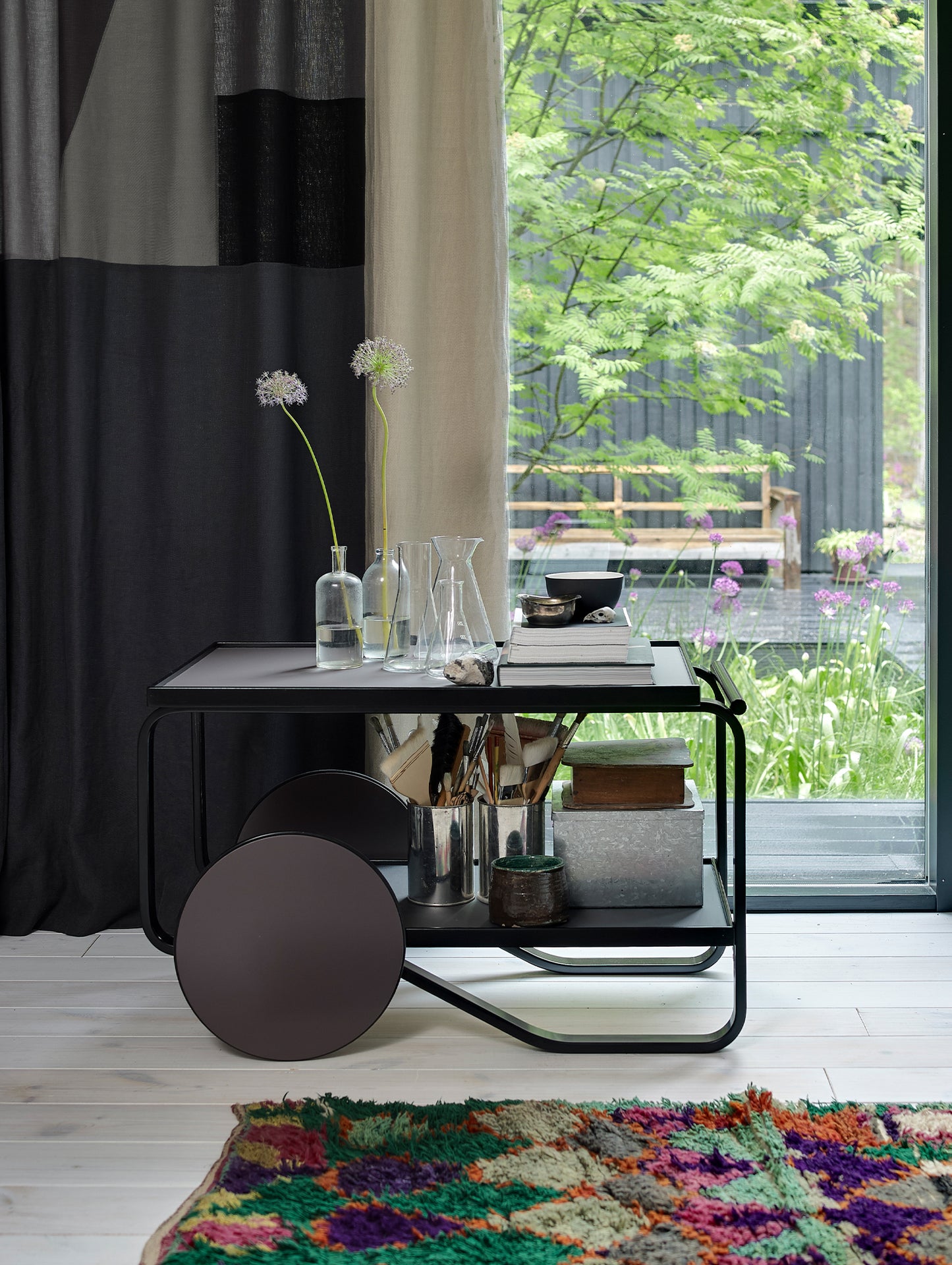 Tea Trolley 901 by Artek - Black Lacquered Solid Birch Lamella / Peat and Charcoal Linoleum Shelves