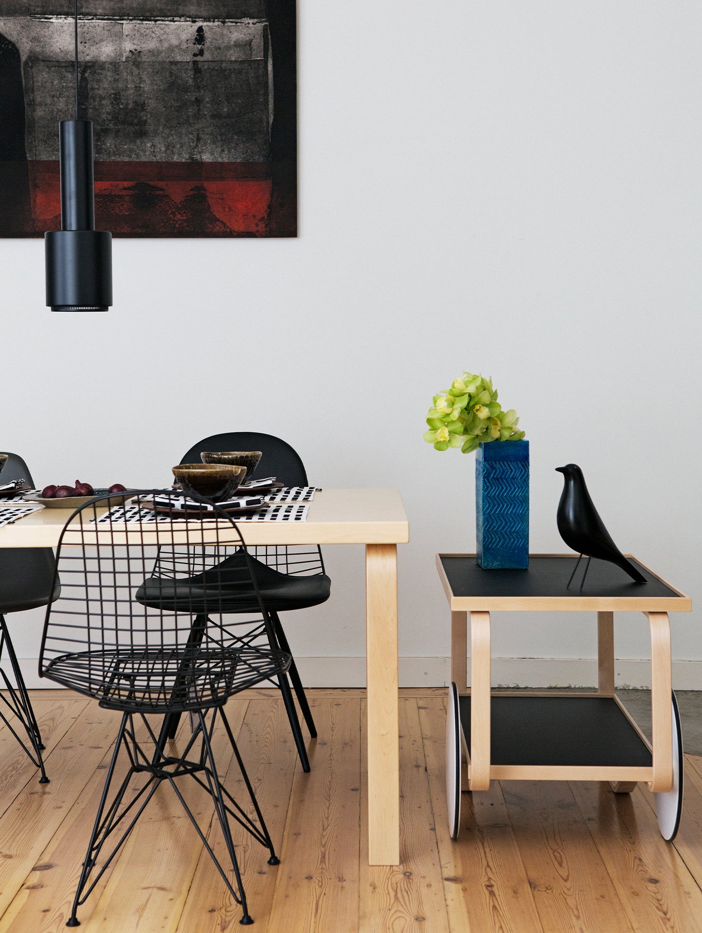 Tea Trolley 901 by Artek - Lacquered Solid Birch Lamella / Black Linoleum Shelves