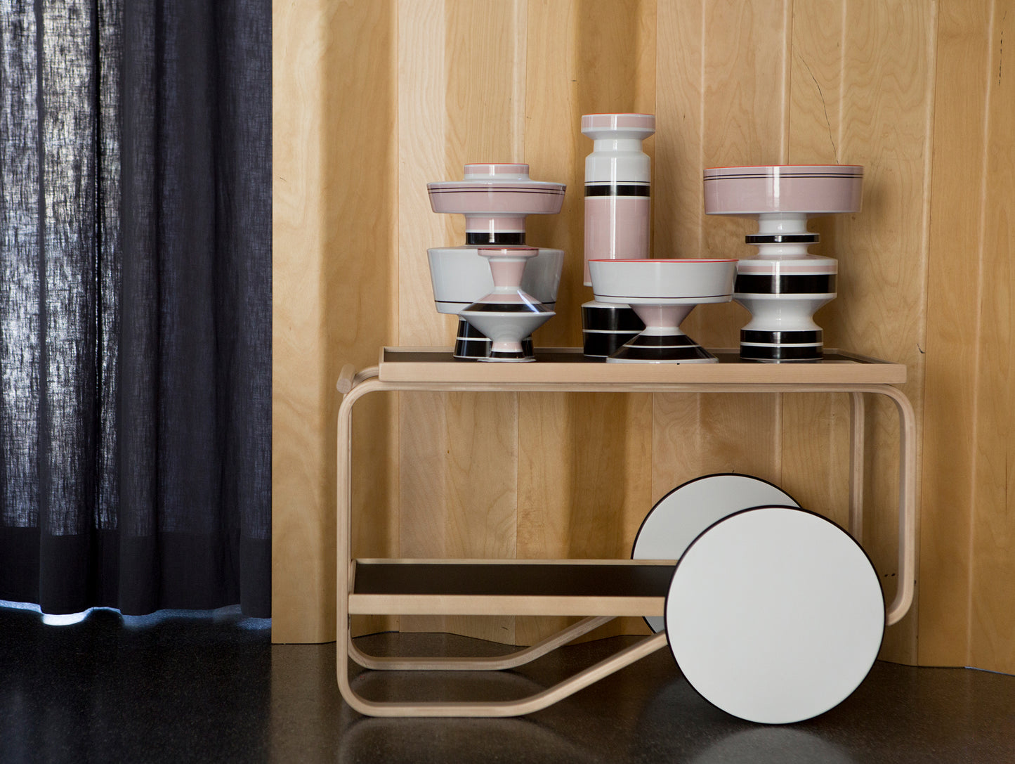 Tea Trolley 901 by Artek - Lacquered Solid Birch Lamella / Black Linoleum Shelves