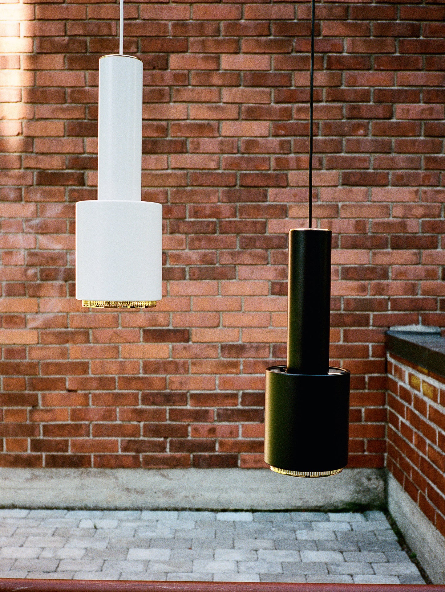 A110 Hand Grenade Pendant Light by Artek - White Powder Coated Steel Shade with Brass Plated Ring