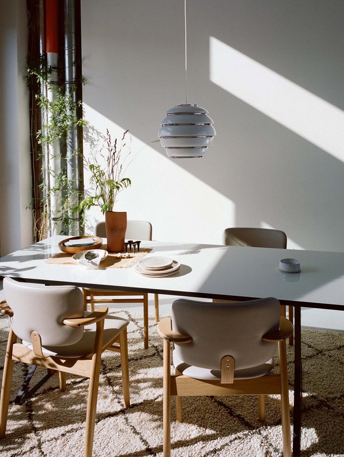 A331 Beehive Pendant Light by Artek - White Aluminium Shade with Chrome Rings