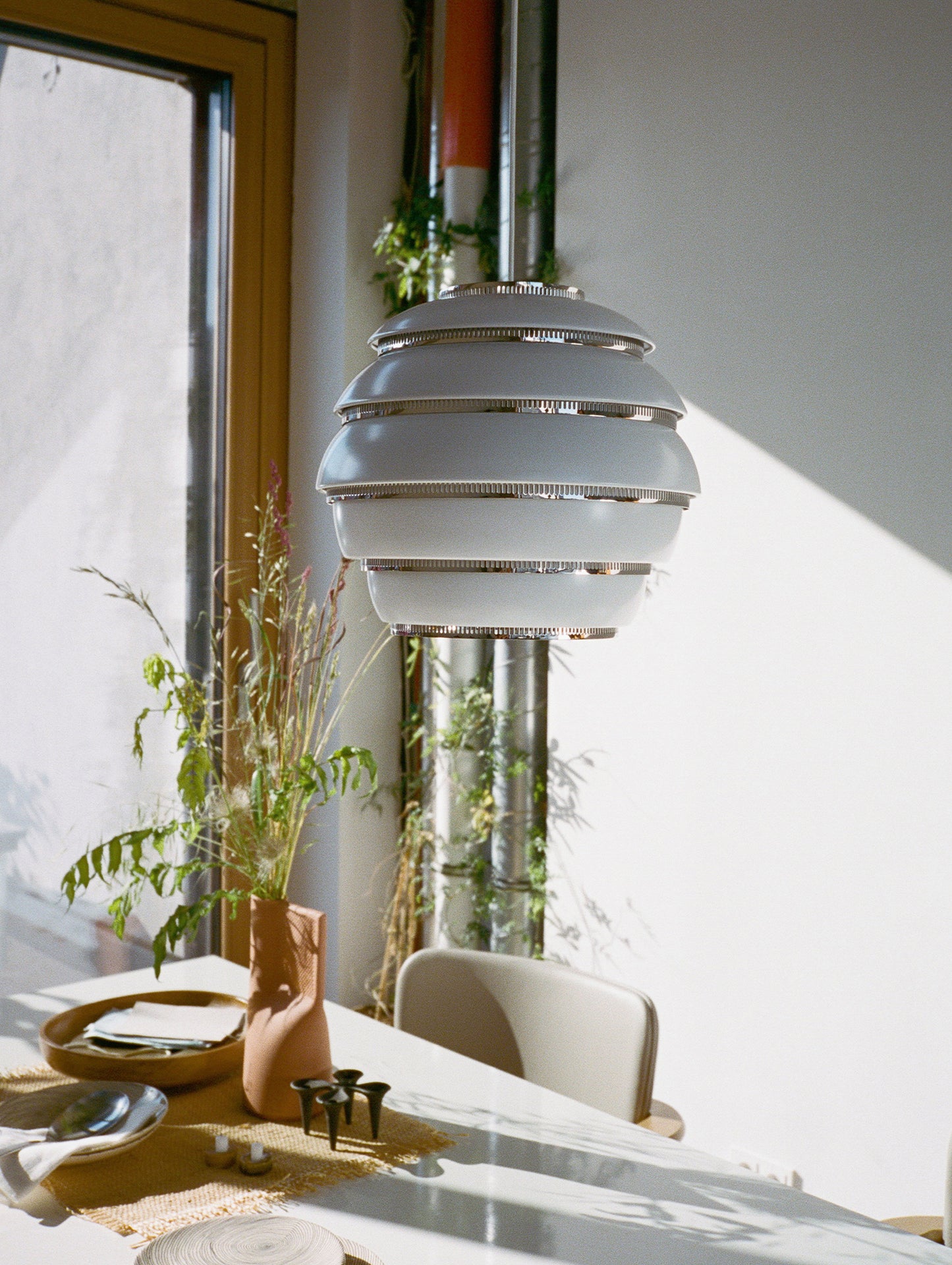 A331 Beehive Pendant Light by Artek - White Aluminium Shade with Chrome Rings