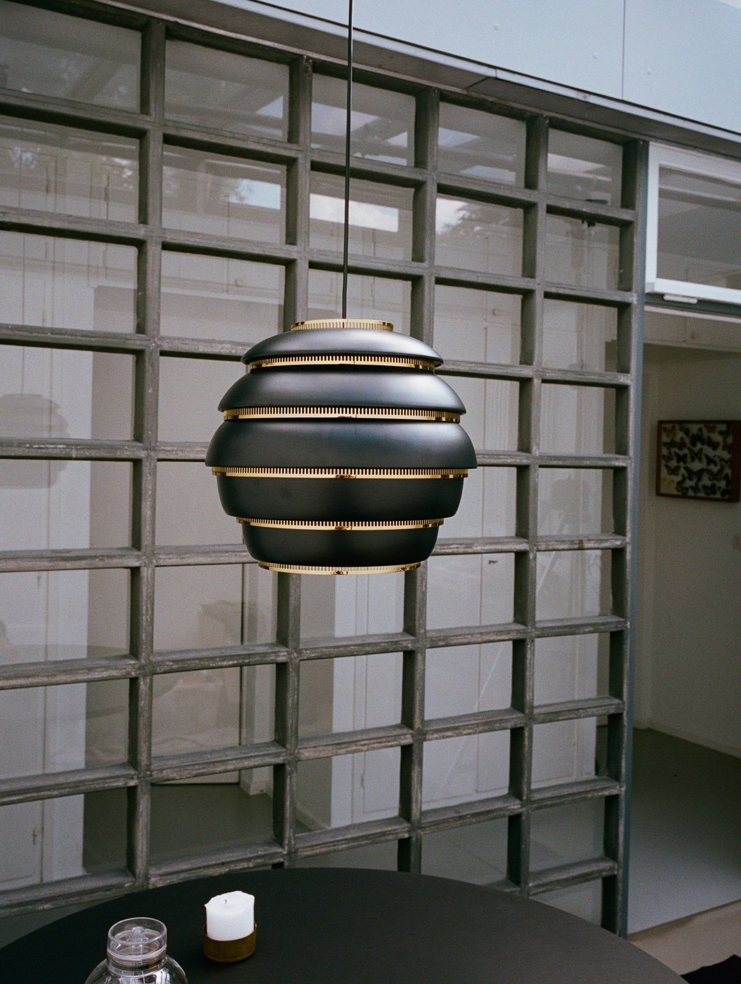 A331 Beehive Pendant Light by Artek - Black Aluminium Shade with Brass Rings