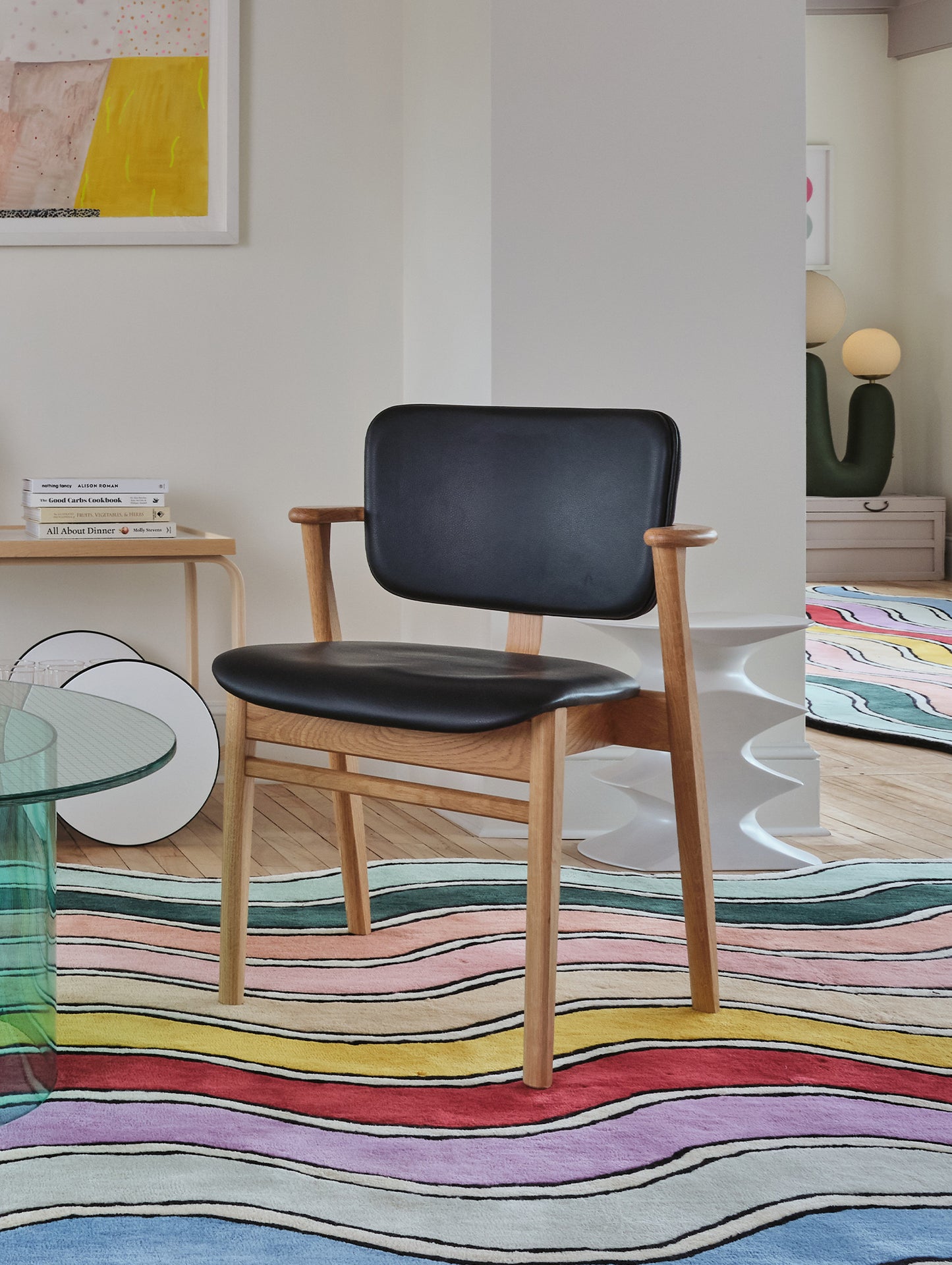 Domus Chair Upholstered by Artek - Frame: Lacquered Oak / Seat and Back: Black Prestige Leather