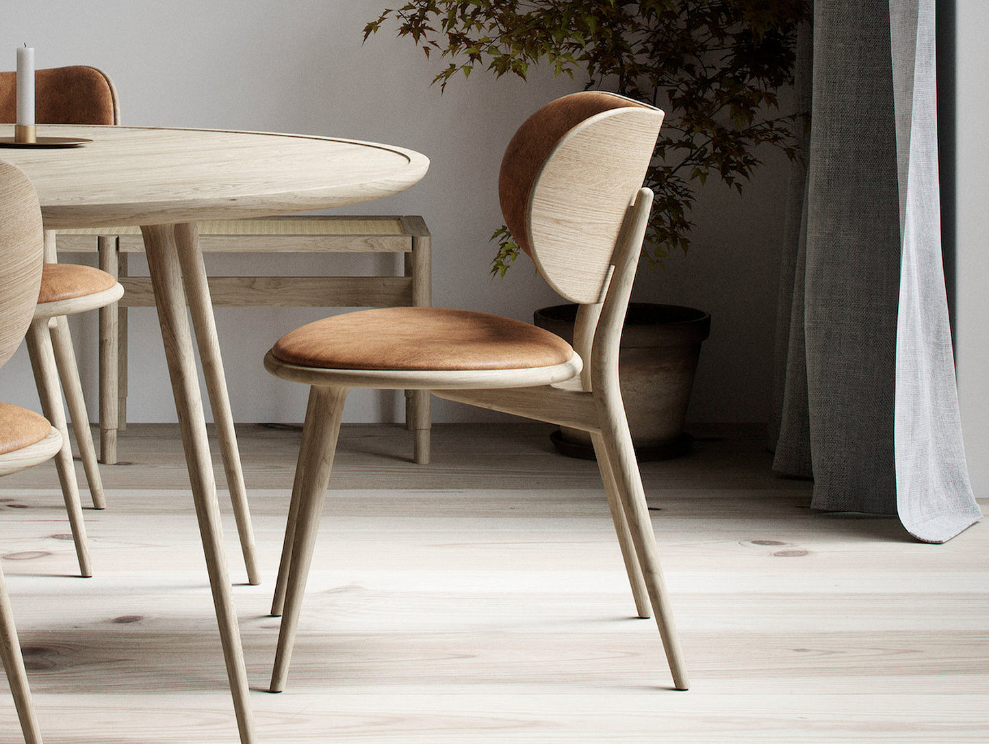 The Dining Chair by Mater - Matt Lacquered Oak Base / Natural Tanned Leather Seat