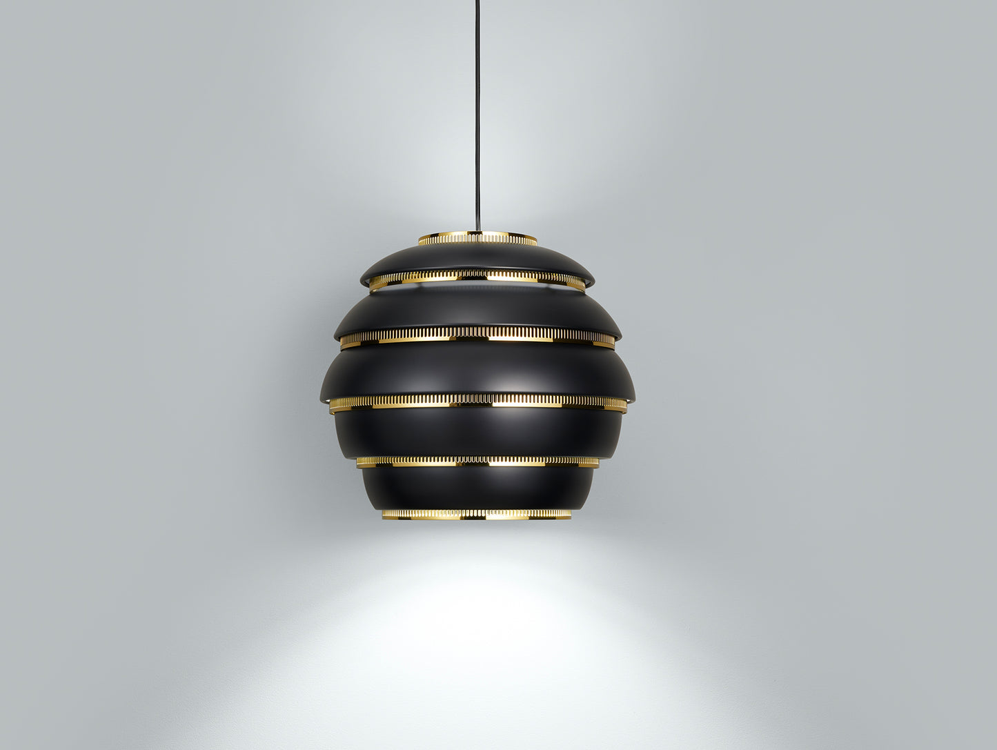 A331 Beehive Pendant Light by Artek - Black Aluminium Shade with Brass Rings