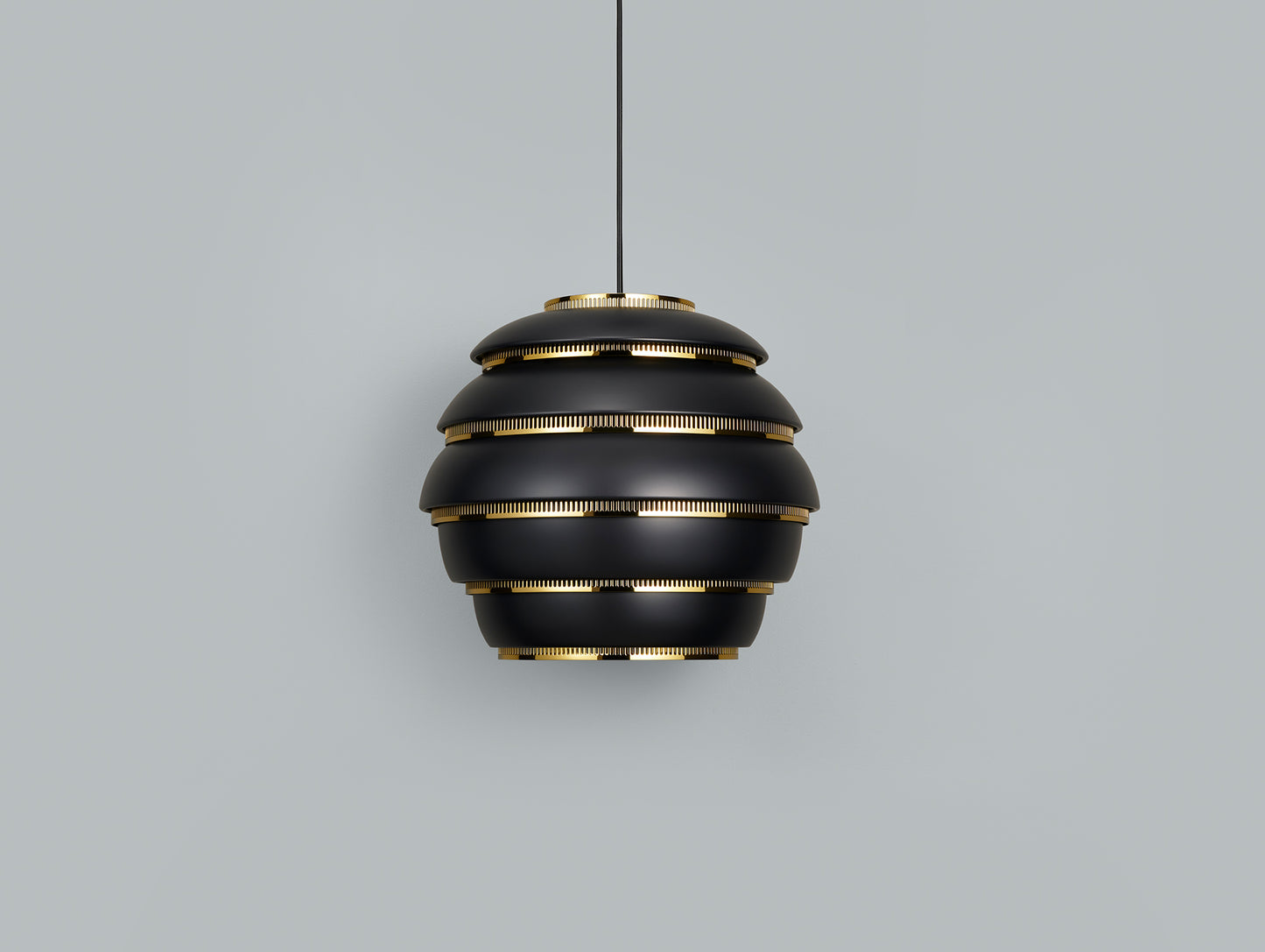 A331 Beehive Pendant Light by Artek - Black Aluminium Shade with Brass Rings