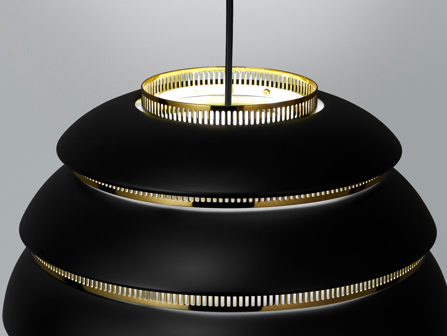 A331 Beehive Pendant Light by Artek - Black Aluminium Shade with Brass Rings