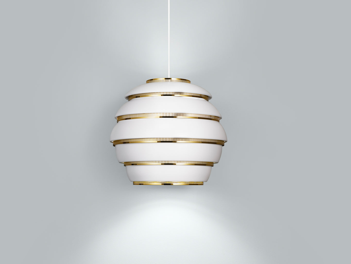 A331 Beehive Pendant Light by Artek - White Aluminium Shade with Brass Rings