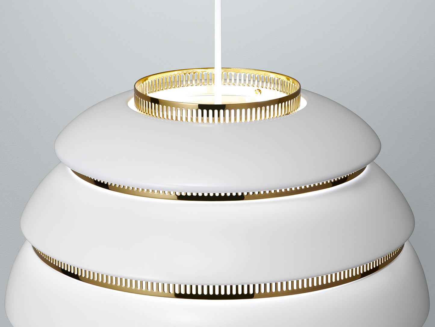 A331 Beehive Pendant Light by Artek - White Aluminium Shade with Brass Rings