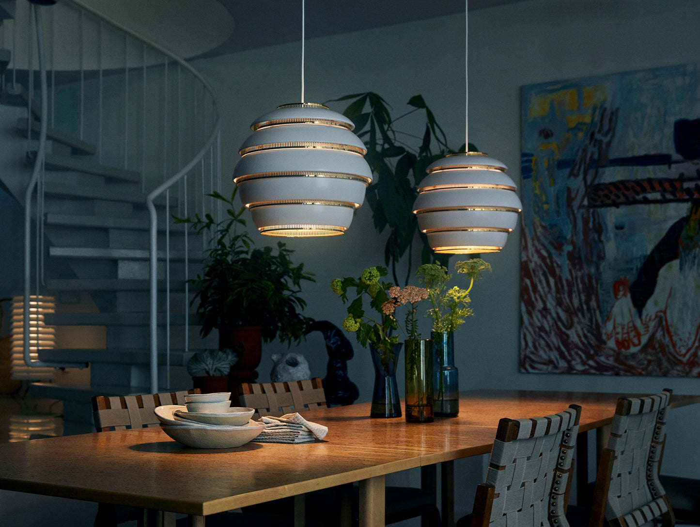 A331 Beehive Pendant Light by Artek - White Aluminium Shade with Brass Rings