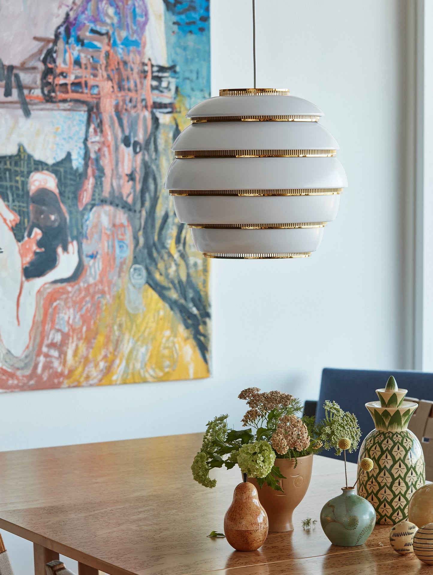 A331 Beehive Pendant Light by Artek - White Aluminium Shade with Brass Rings