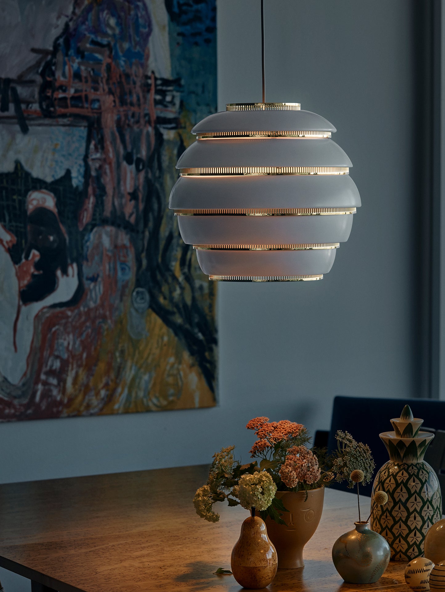 A331 Beehive Pendant Light by Artek - White Aluminium Shade with Brass Rings