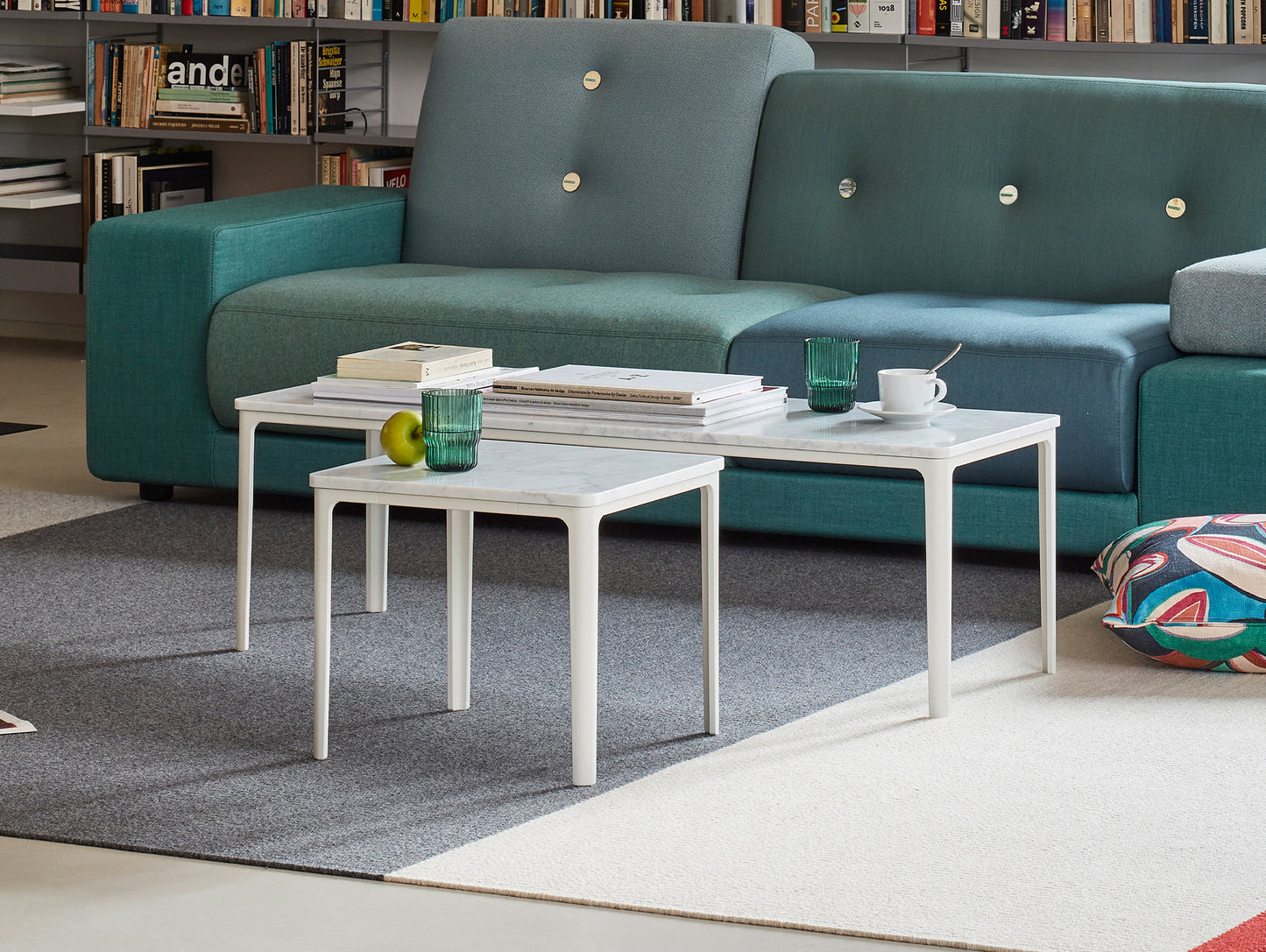 Plate Coffee Table by Vitra - 41x41, 113x41 - White Aluminium Base, Carrara Marble Tabletop