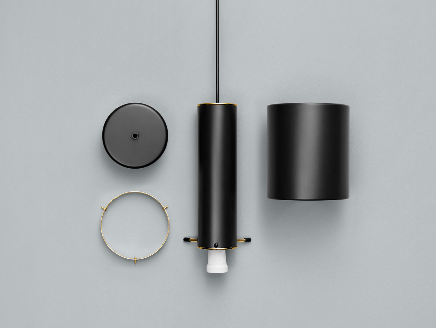 A110 Hand Grenade Pendant Light by Artek - Black Powder Coated Steel Shade with Brass Plated Ring