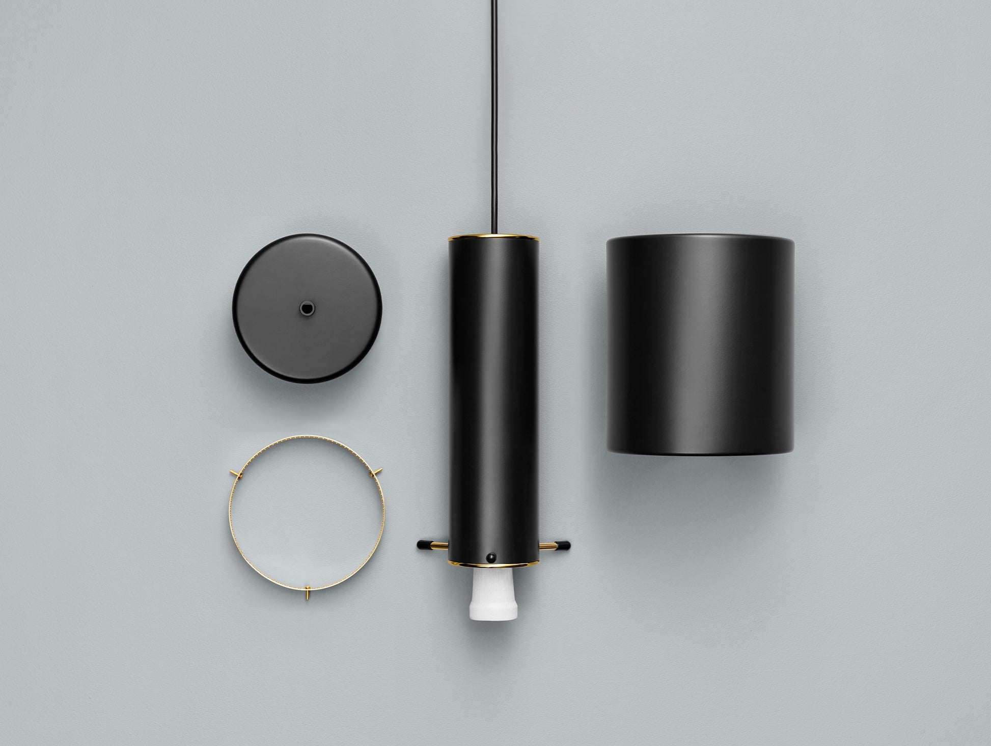 A110 Hand Grenade Pendant Light by Artek - Black Powder Coated Steel Shade with Brass Plated Ring