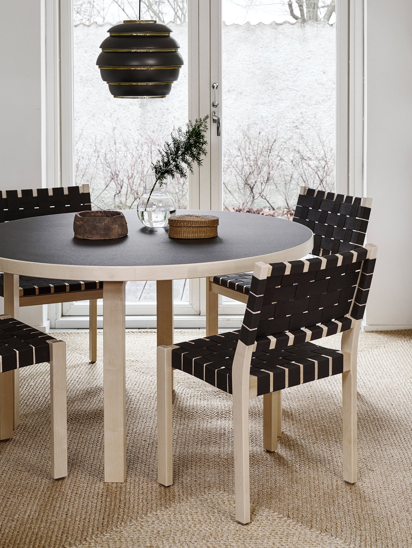 Aalto Table Round 91 by Artek - Black Linoleum Top / Natural Lacquered Birch Legs