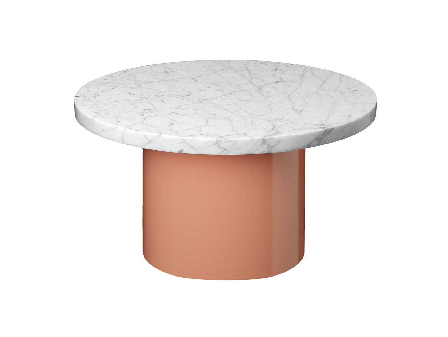CT09 Enoki Side Table by e15 - (D55 H30 cm) Bianco Carrara Marble Tabletop / Beige Red Steel Base