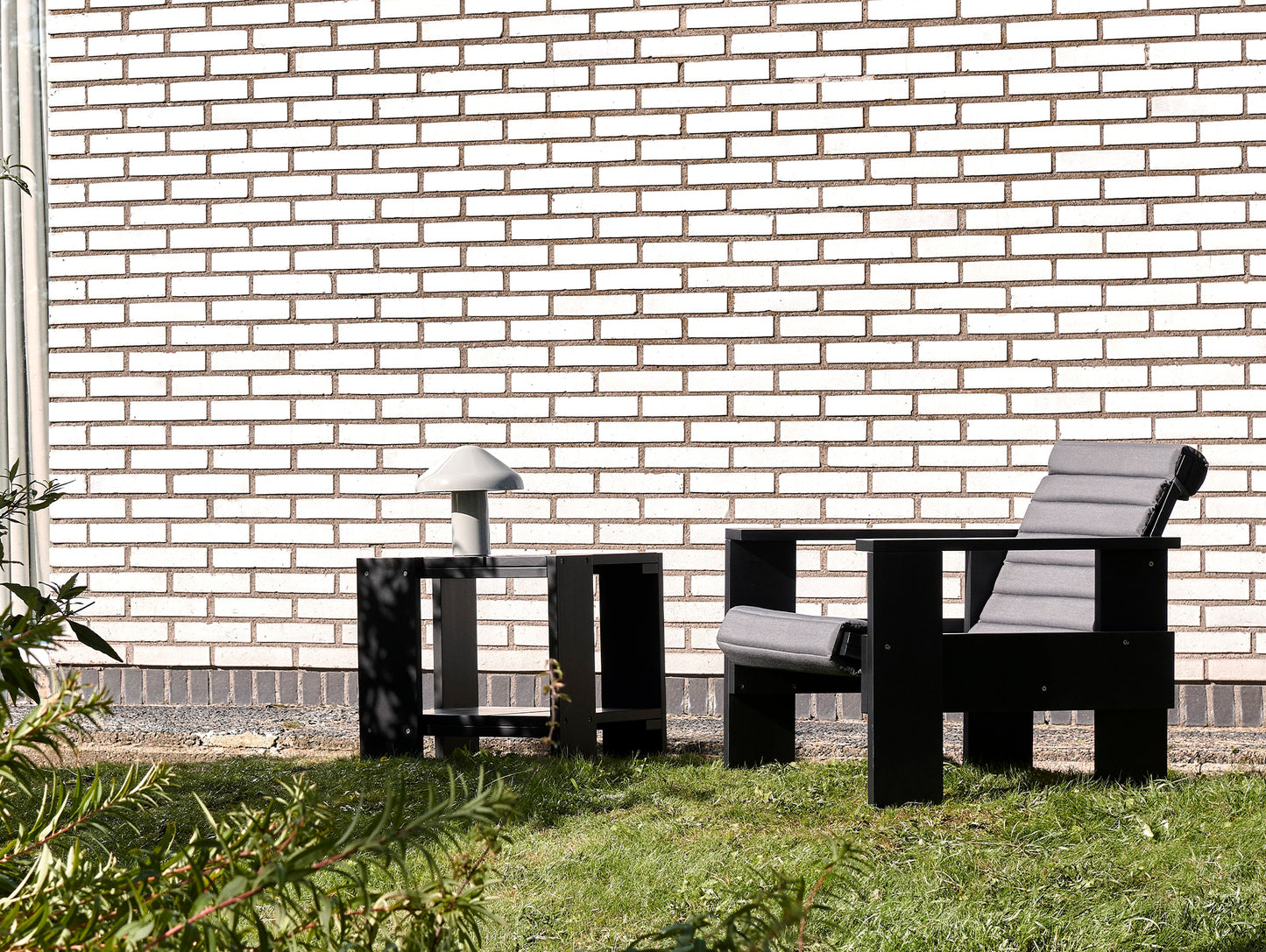HAY Crate Lounge Chair in Black Lacquered Pinewood with Iron Sky Grey Quilted Cushion
