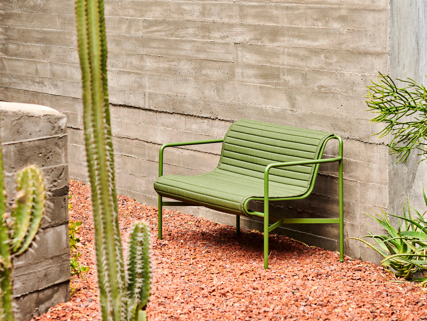 HAY Palissade Dining Bench and Quilted Cushion in Olive