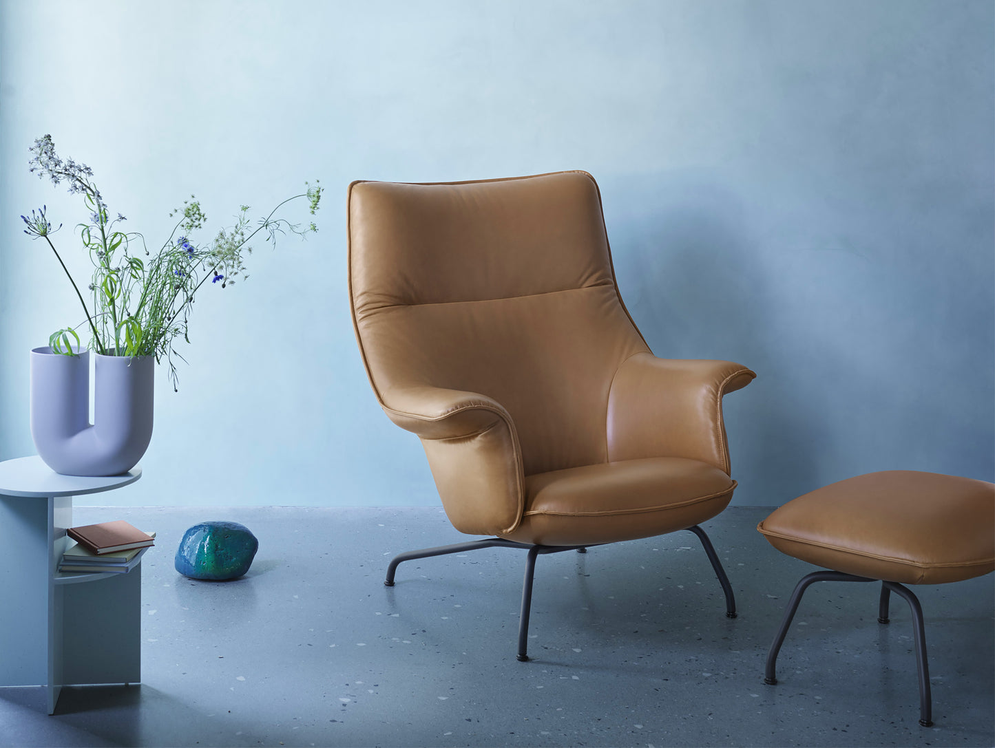 Muuto Doze Armchair and Ottoman in Cognac Silk Leather