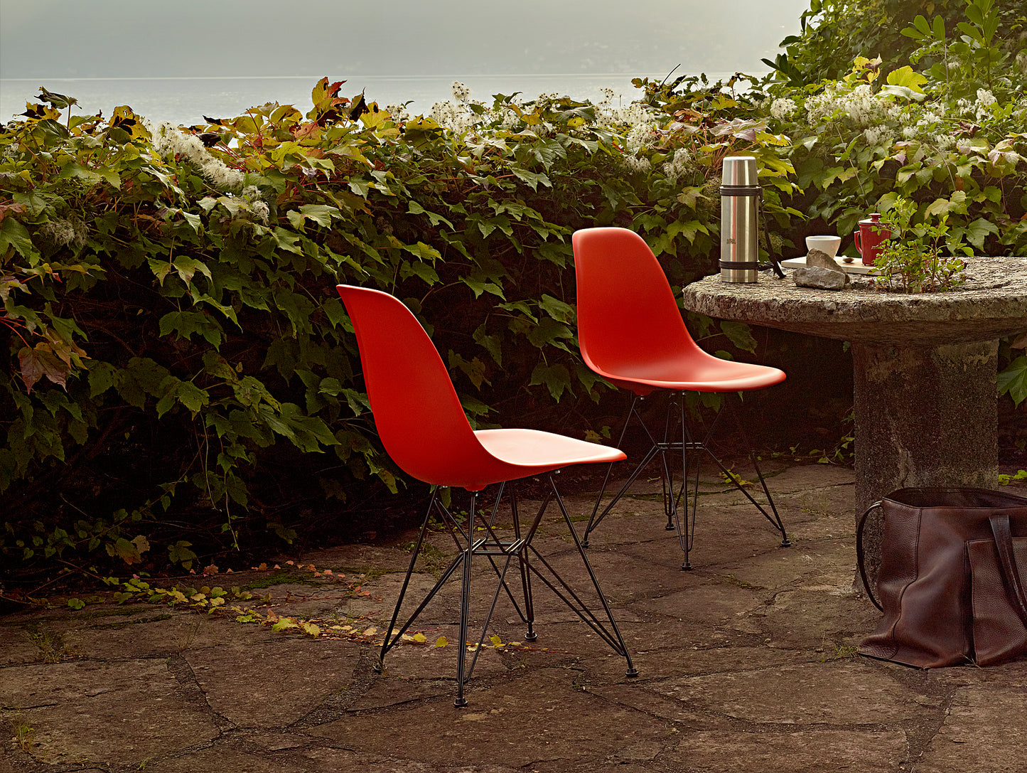 Eames DSR Plastic Side Chair (New Height) in Poppy Red with Basic Dark Base by Vitra