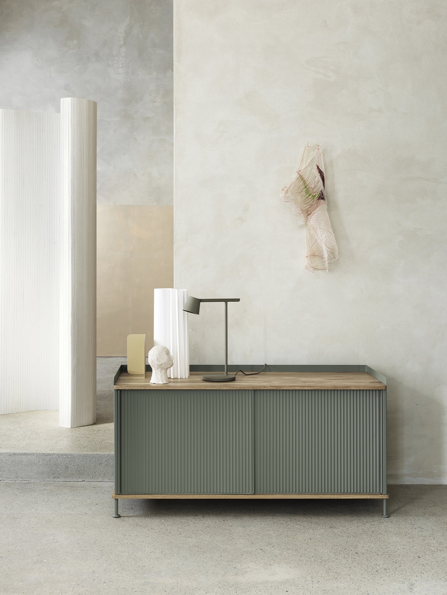 Enfold Sideboard by Muuto - Low / Lacquered Oak / Dusty Green Lacquered Steel