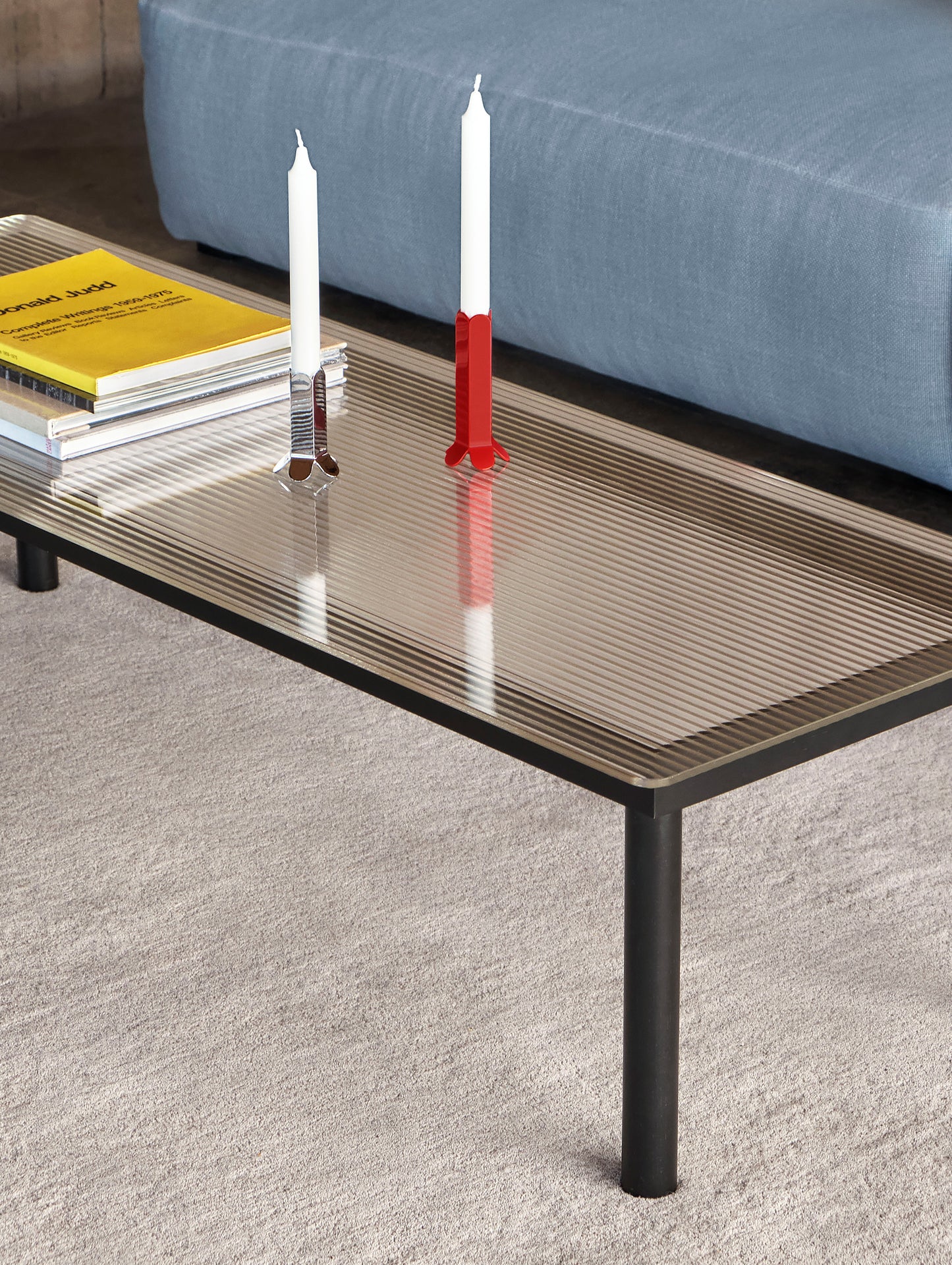 Kofi Table / 140 x 50 cm / Black Lacquered Oak Base / Clear Reeded Glass Tabletop / HAY