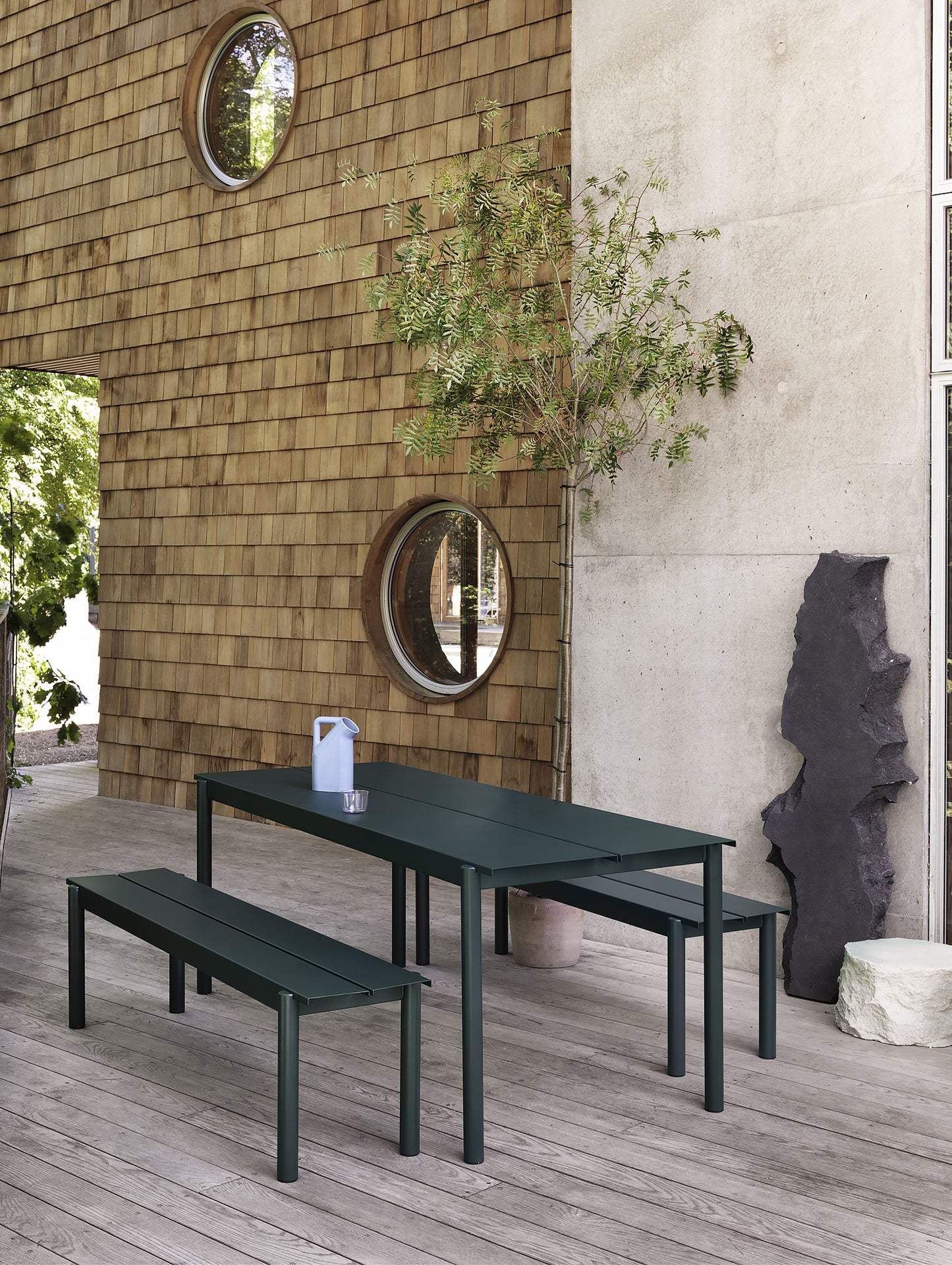 Linear Steel Table and Bench - Dark Green